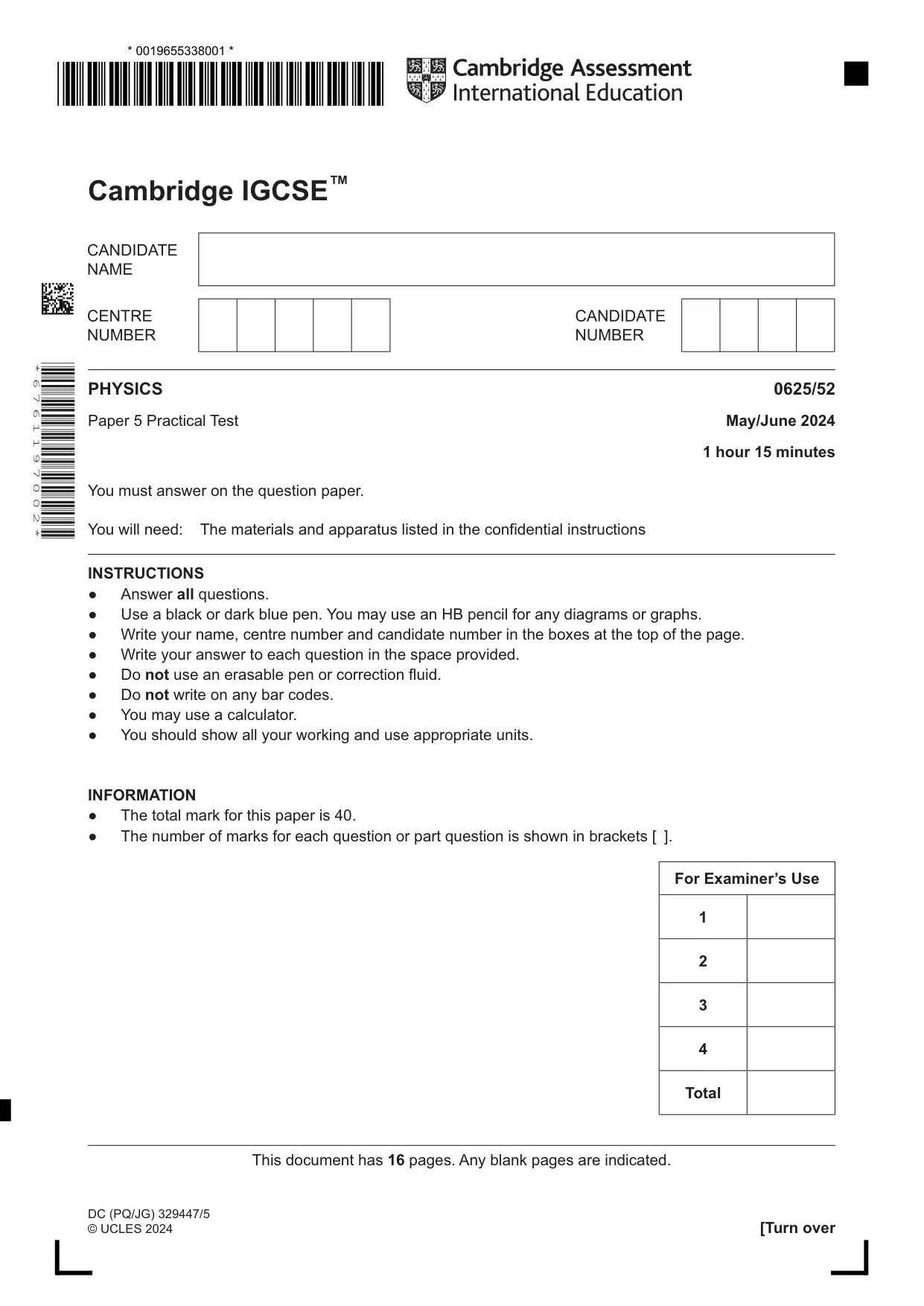 Cambridge IGCSE Physics 0625 2024 May/June Paper 5 · Variant 2 question paper, page 1 of 16