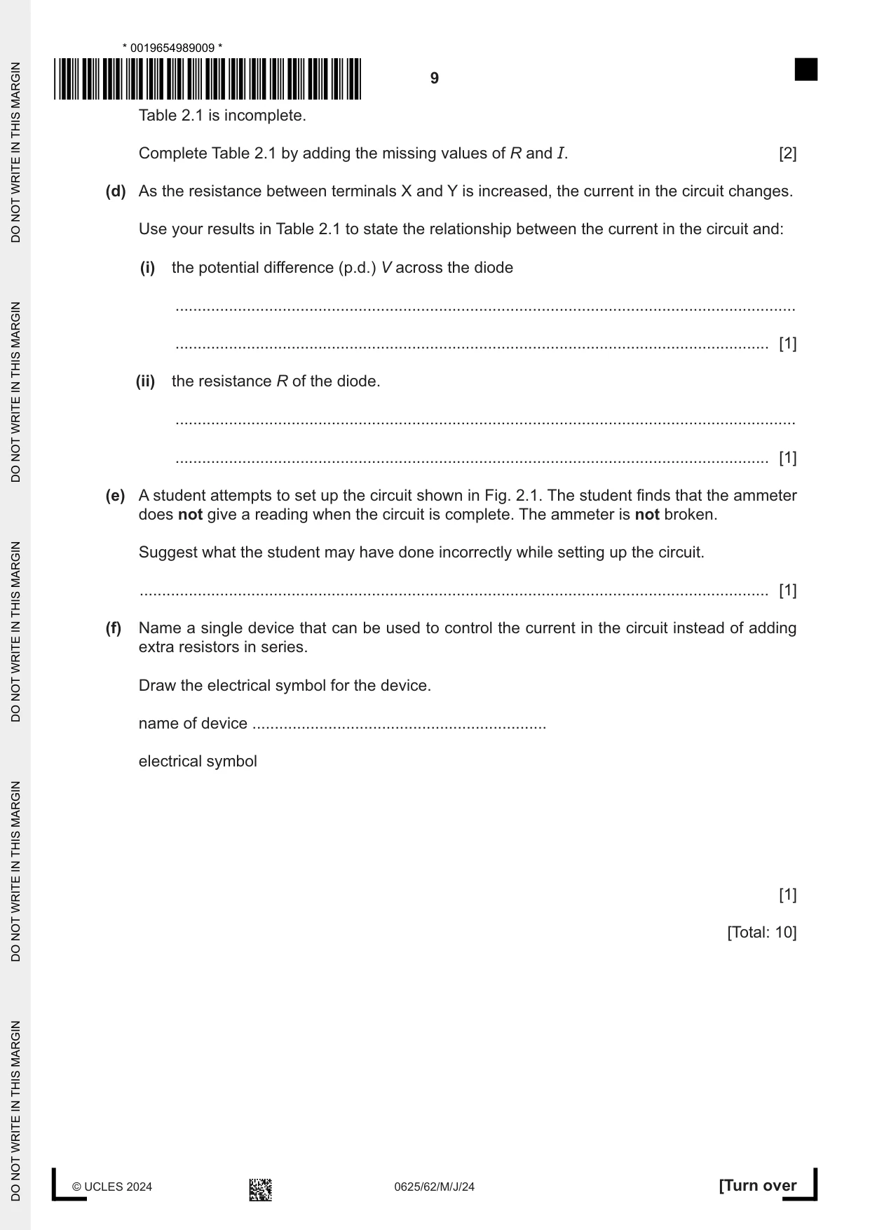 Cambridge IGCSE Physics 0625 2024 May/June Paper 6 · Variant 2 question paper, page 9 of 16
