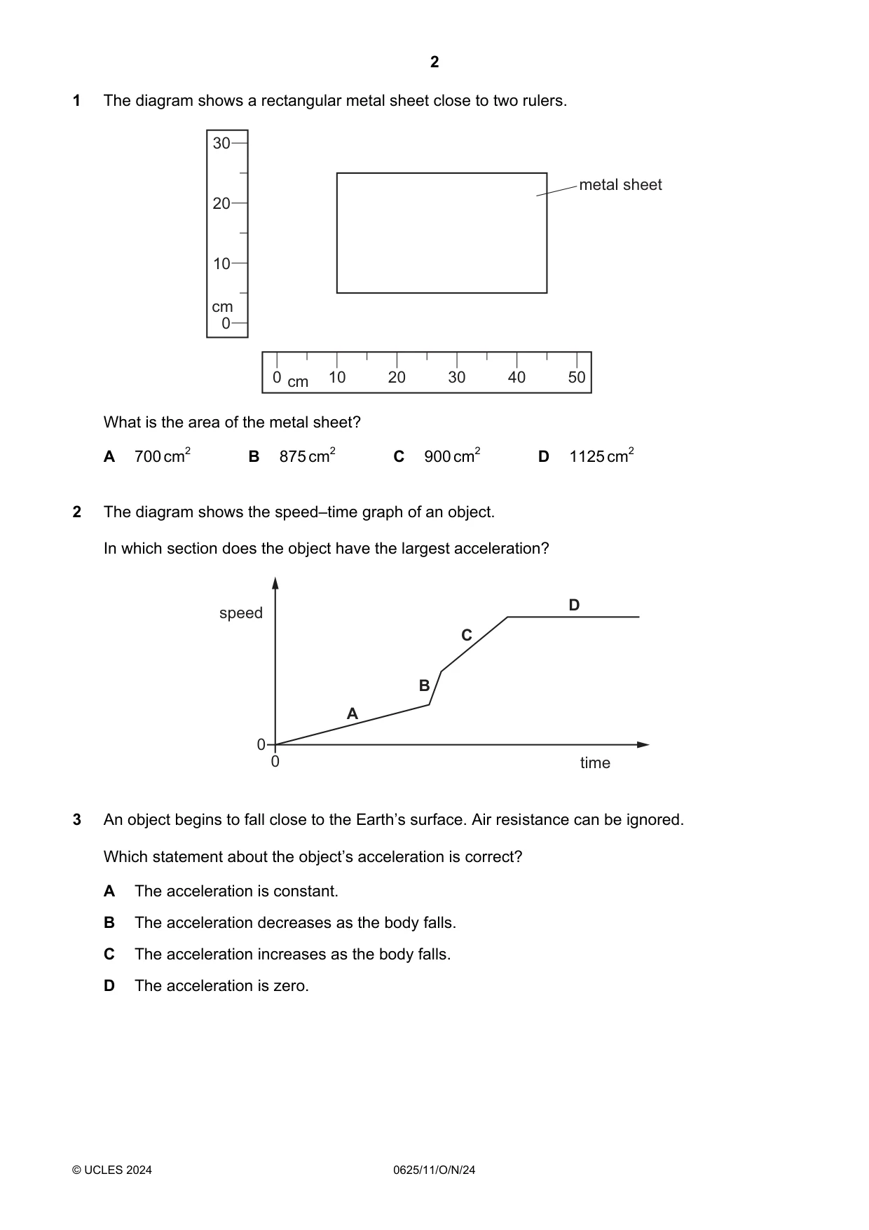 Cambridge IGCSE Physics 0625 2024 Oct/Nov Paper 1 · Variant 1 question paper, page 2 of 16