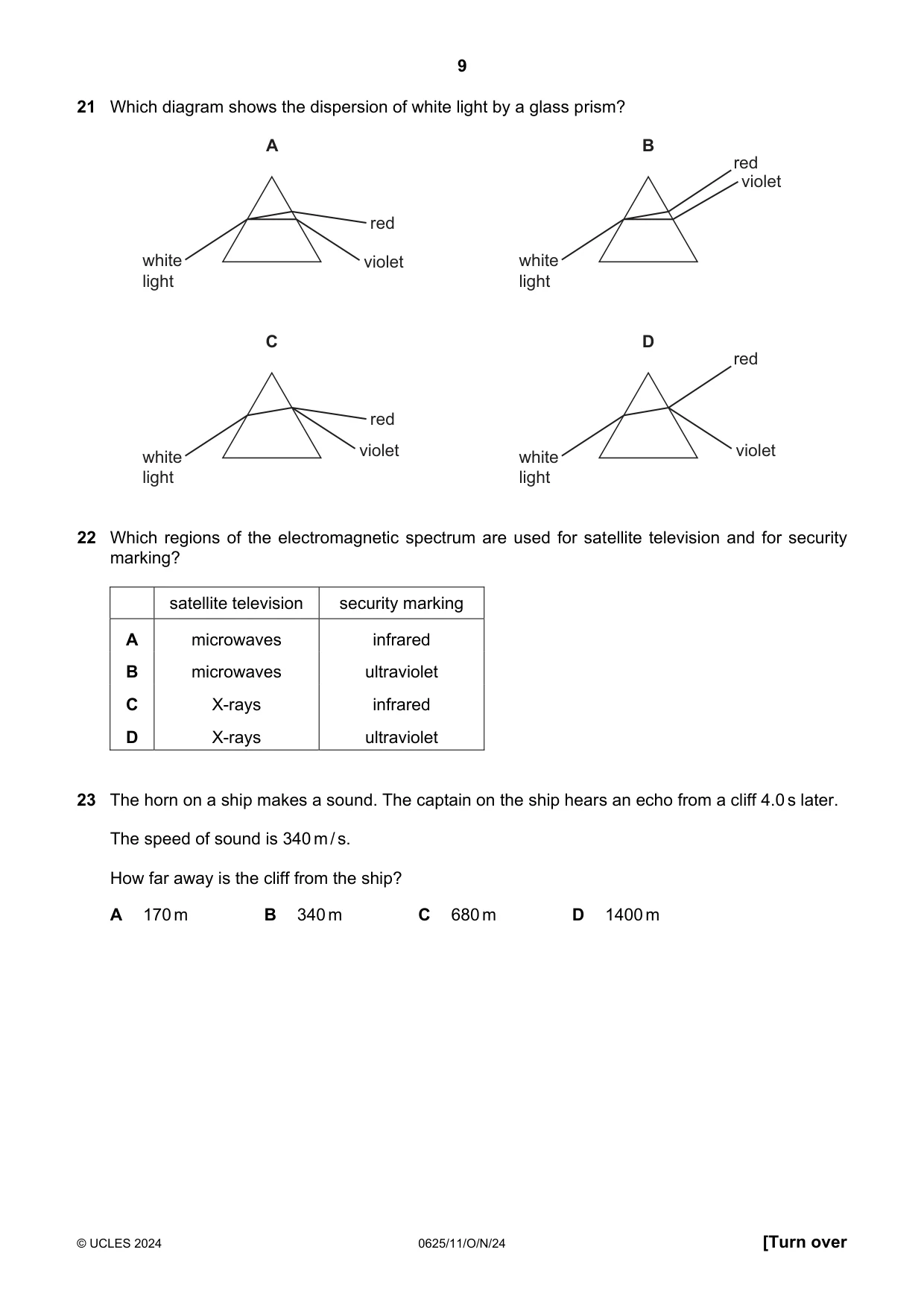 Cambridge IGCSE Physics 0625 2024 Oct/Nov Paper 1 · Variant 1 question paper, page 9 of 16