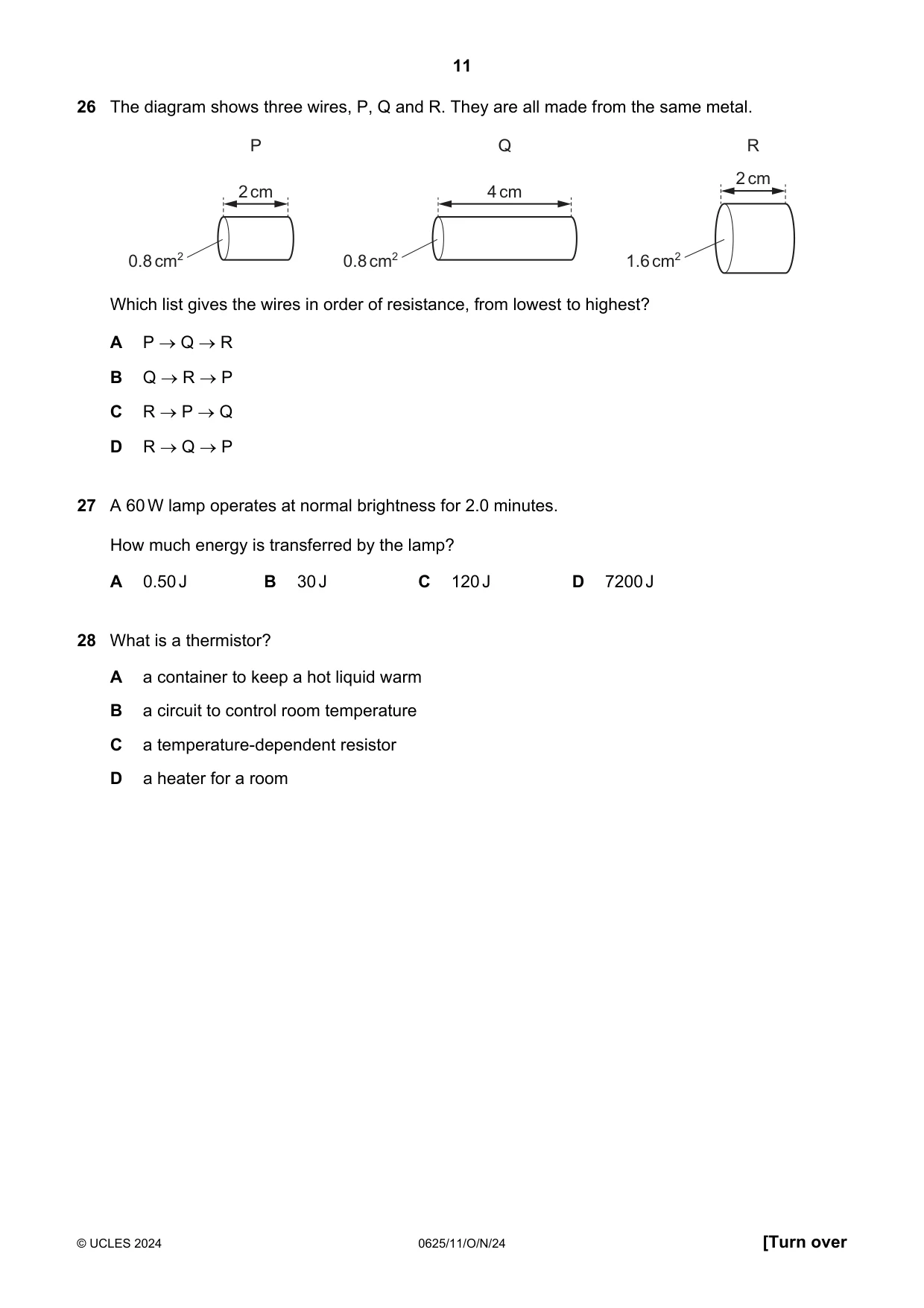 Cambridge IGCSE Physics 0625 2024 Oct/Nov Paper 1 · Variant 1 question paper, page 11 of 16