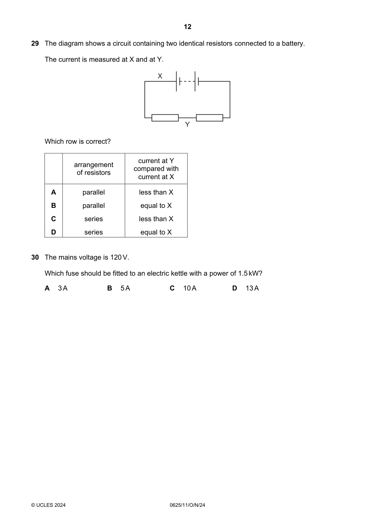 Cambridge IGCSE Physics 0625 2024 Oct/Nov Paper 1 · Variant 1 question paper, page 12 of 16