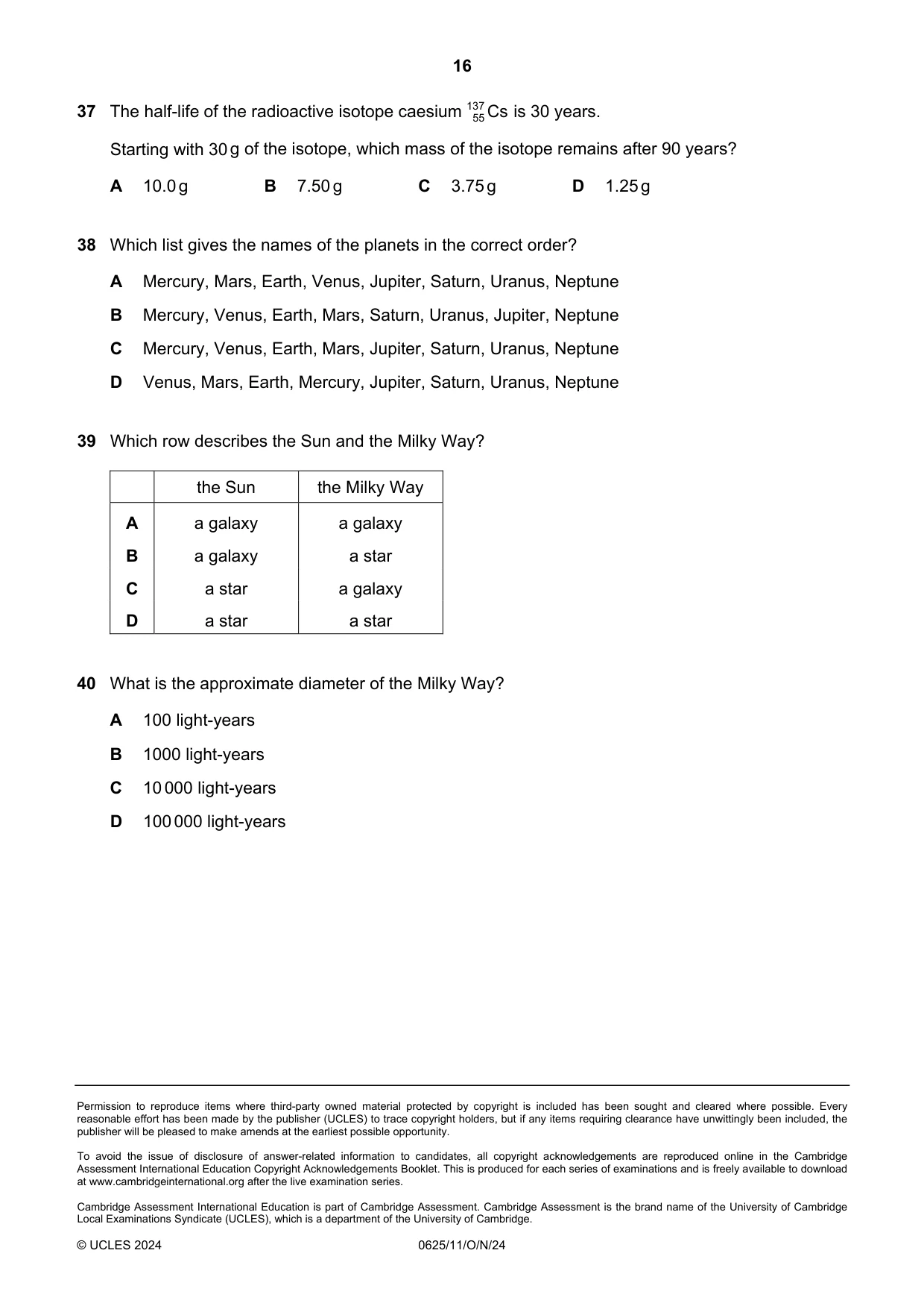 Cambridge IGCSE Physics 0625 2024 Oct/Nov Paper 1 · Variant 1 question paper, page 16 of 16
