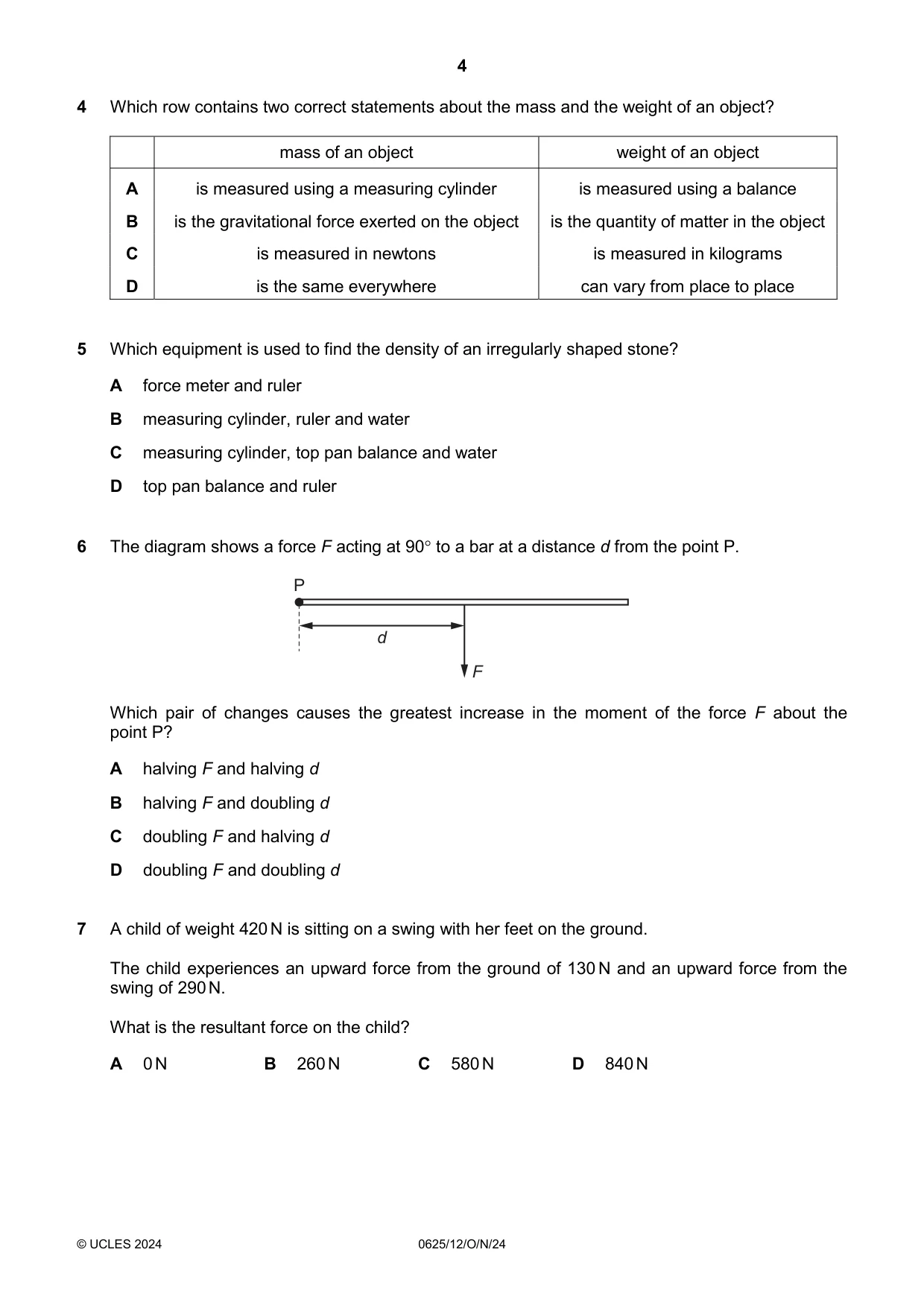 Cambridge IGCSE Physics 0625 2024 Oct/Nov Paper 1 · Variant 2 question paper, page 4 of 16