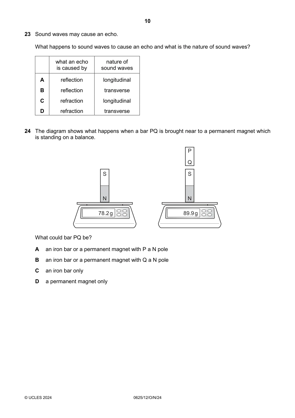 Cambridge IGCSE Physics 0625 2024 Oct/Nov Paper 1 · Variant 2 question paper, page 10 of 16