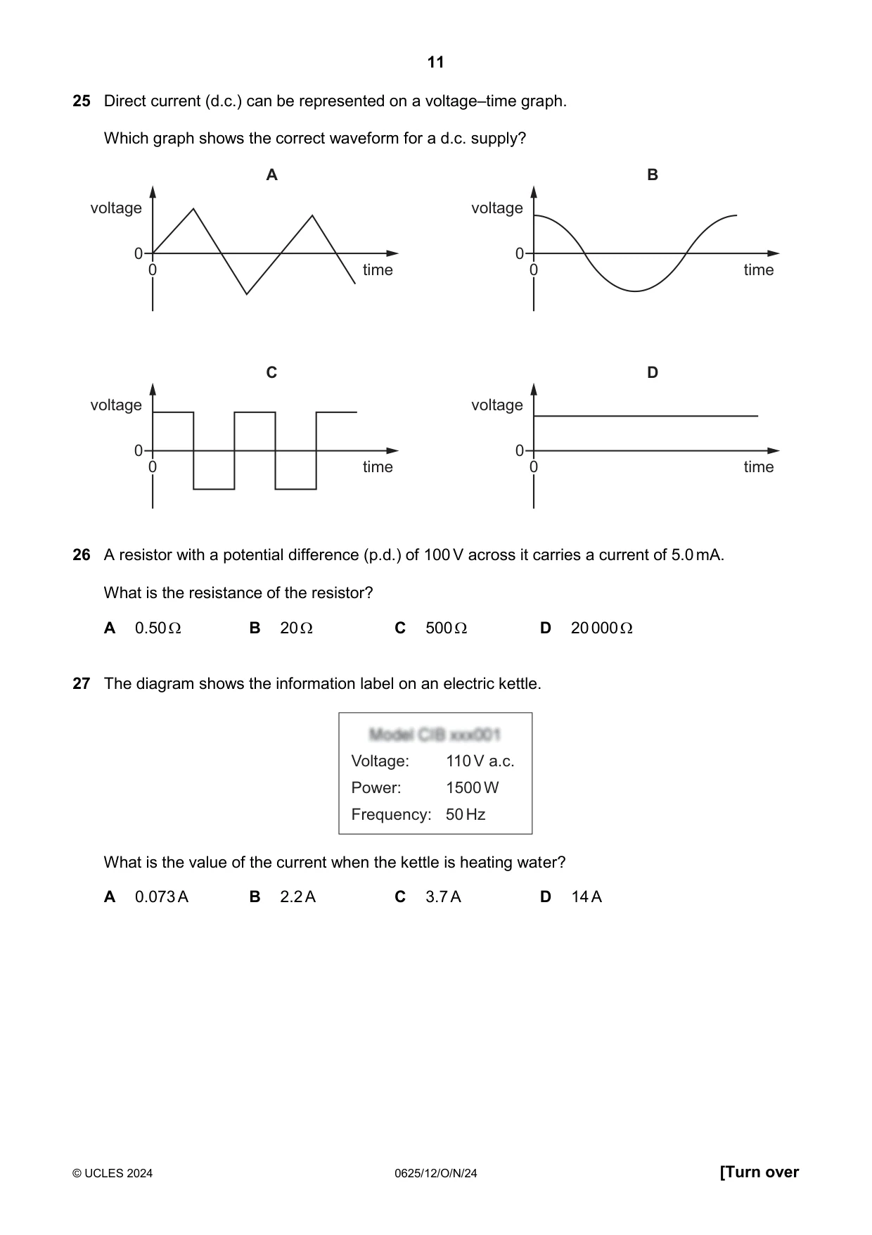 Cambridge IGCSE Physics 0625 2024 Oct/Nov Paper 1 · Variant 2 question paper, page 11 of 16