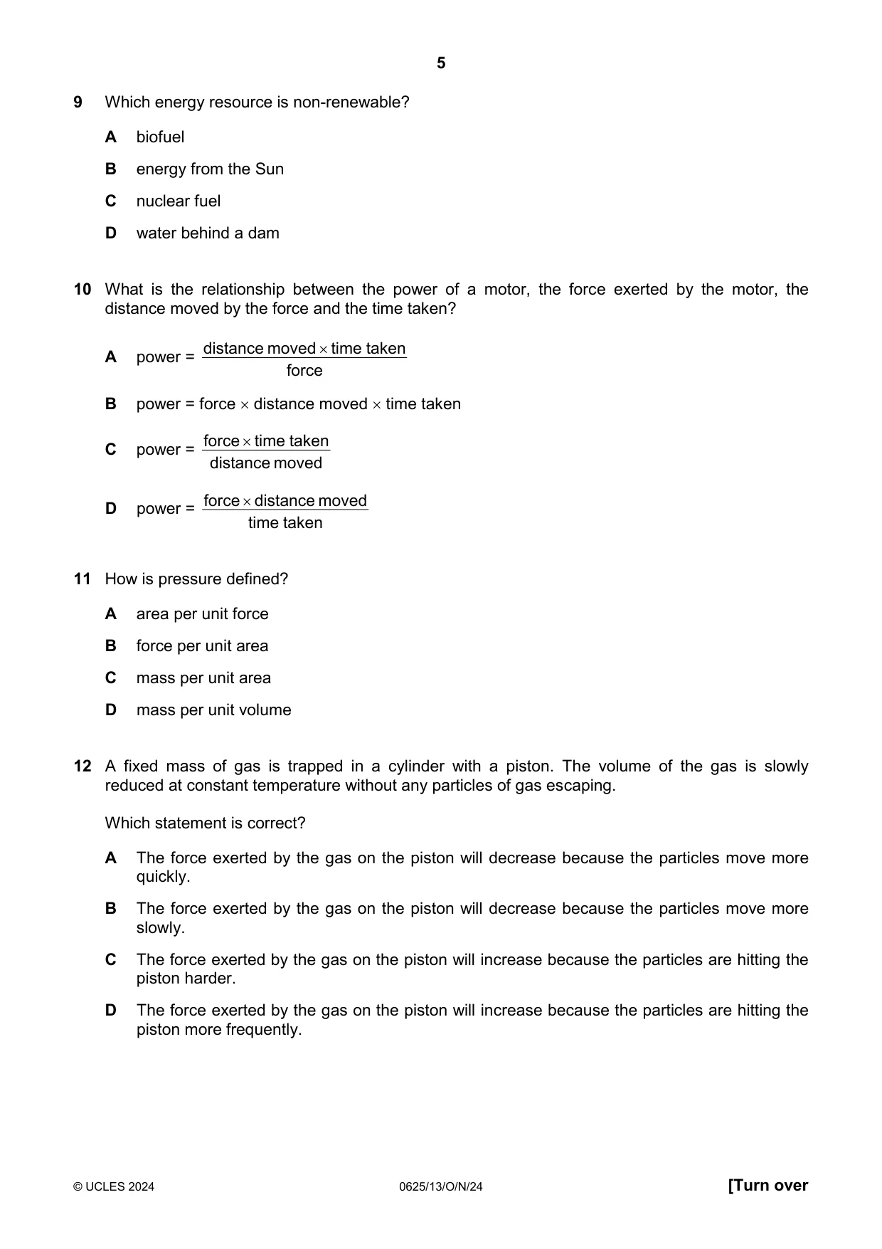 Cambridge IGCSE Physics 0625 2024 Oct/Nov Paper 1 · Variant 3 question paper, page 5 of 16