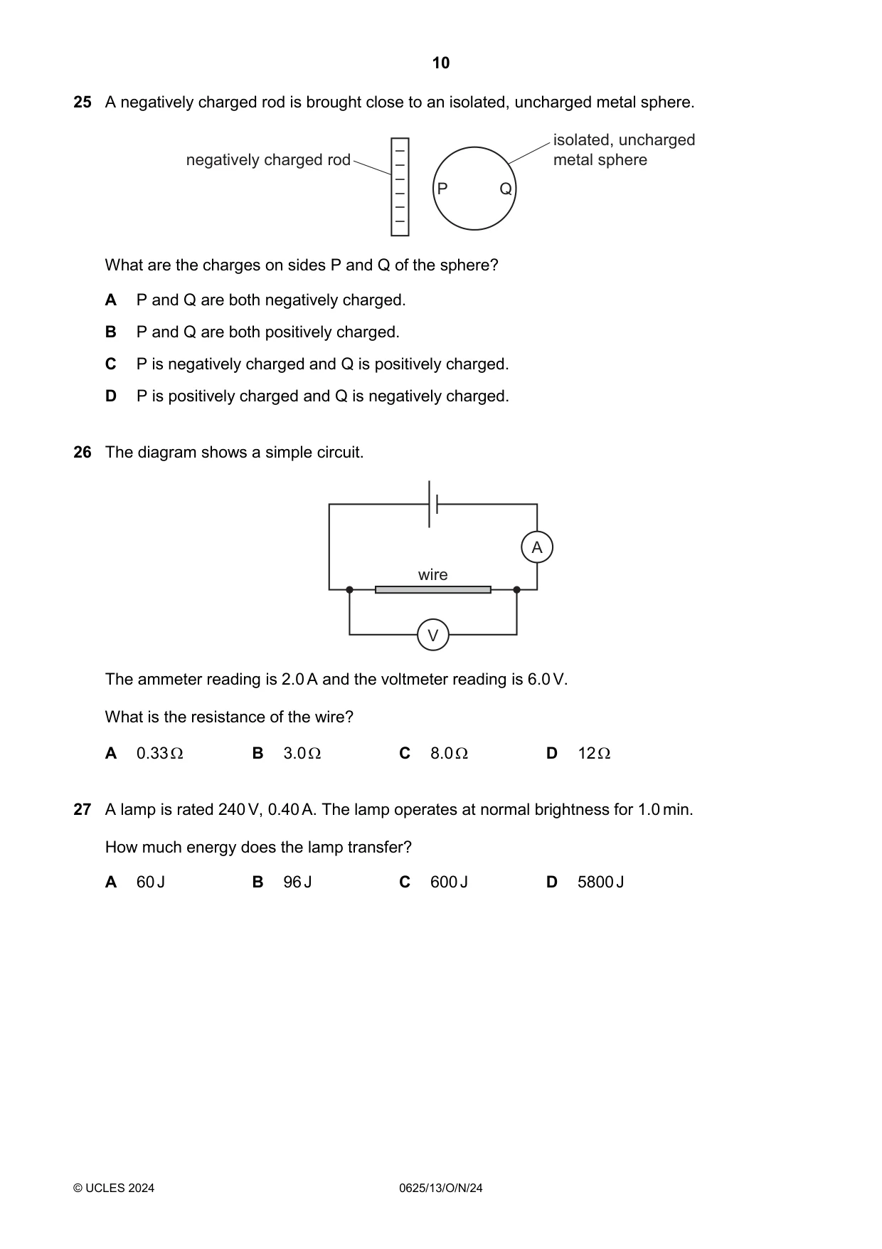 Cambridge IGCSE Physics 0625 2024 Oct/Nov Paper 1 · Variant 3 question paper, page 10 of 16