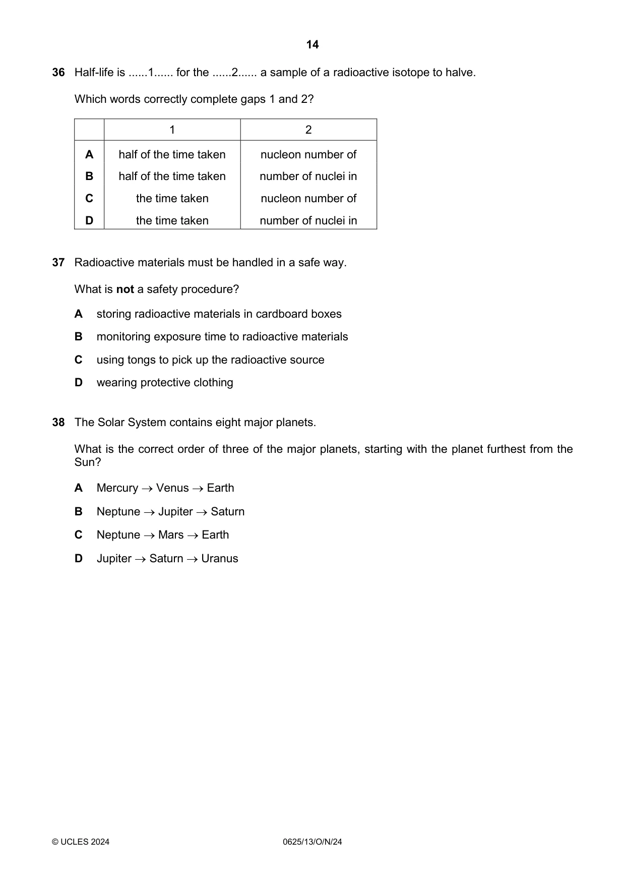 Cambridge IGCSE Physics 0625 2024 Oct/Nov Paper 1 · Variant 3 question paper, page 14 of 16