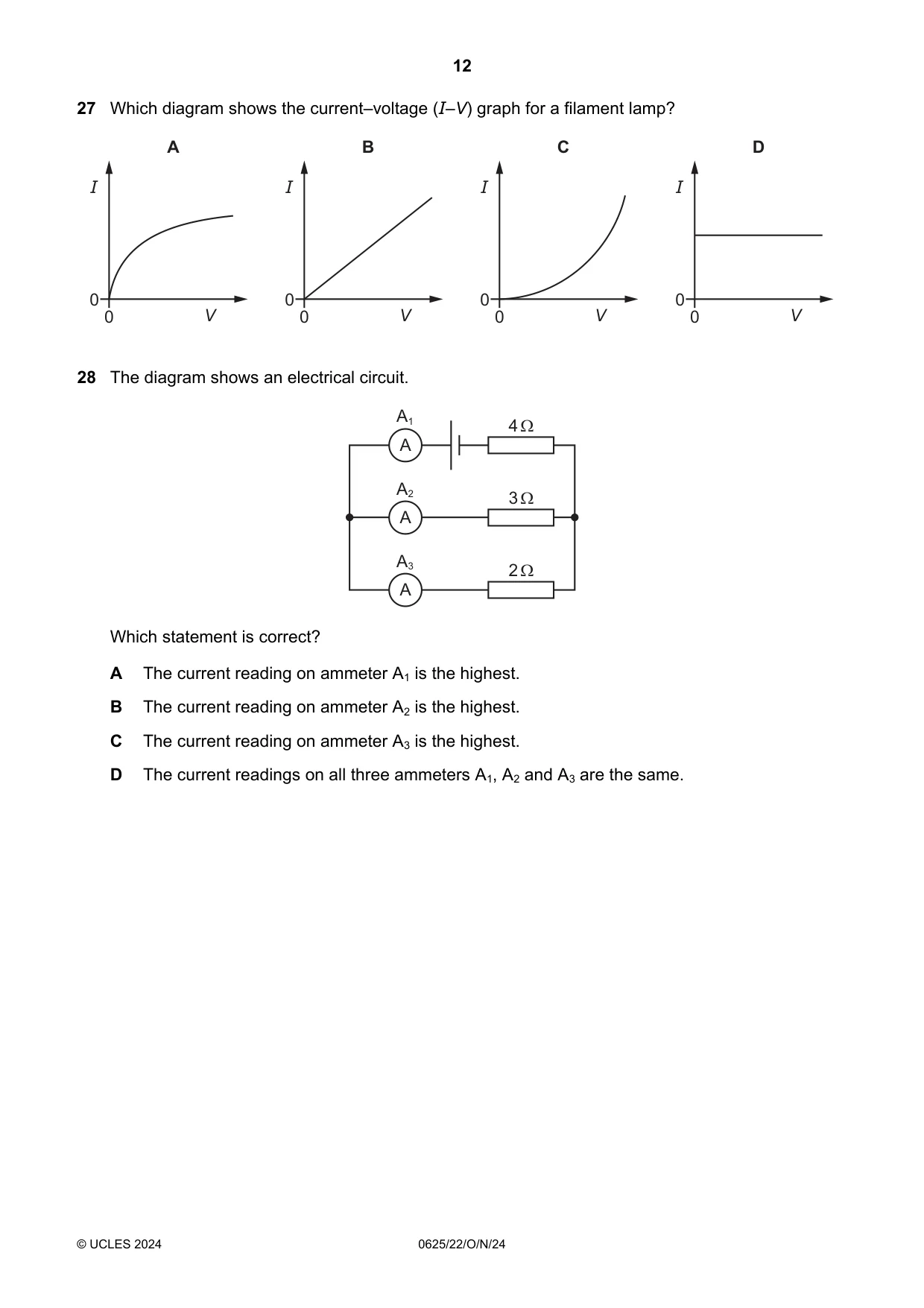 Cambridge IGCSE Physics 0625 2024 Oct/Nov Paper 2 · Variant 2 question paper, page 12 of 20