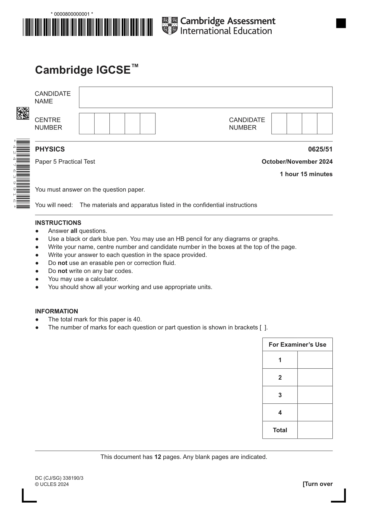 Cambridge IGCSE Physics 0625 2024 Oct/Nov Paper 5 · Variant 1 question paper, page 1 of 12
