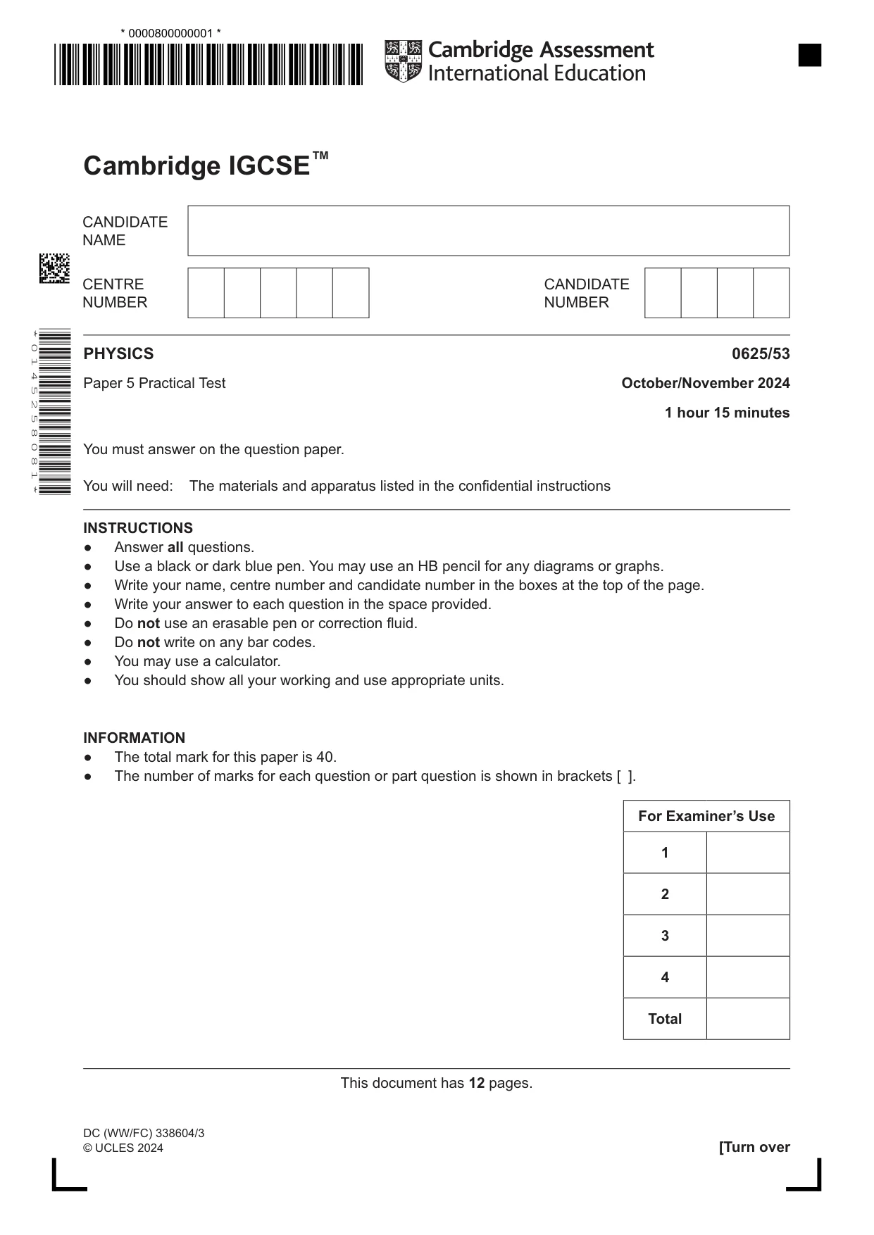 Cambridge IGCSE Physics 0625 2024 Oct/Nov Paper 5 · Variant 3 question paper, page 1 of 12