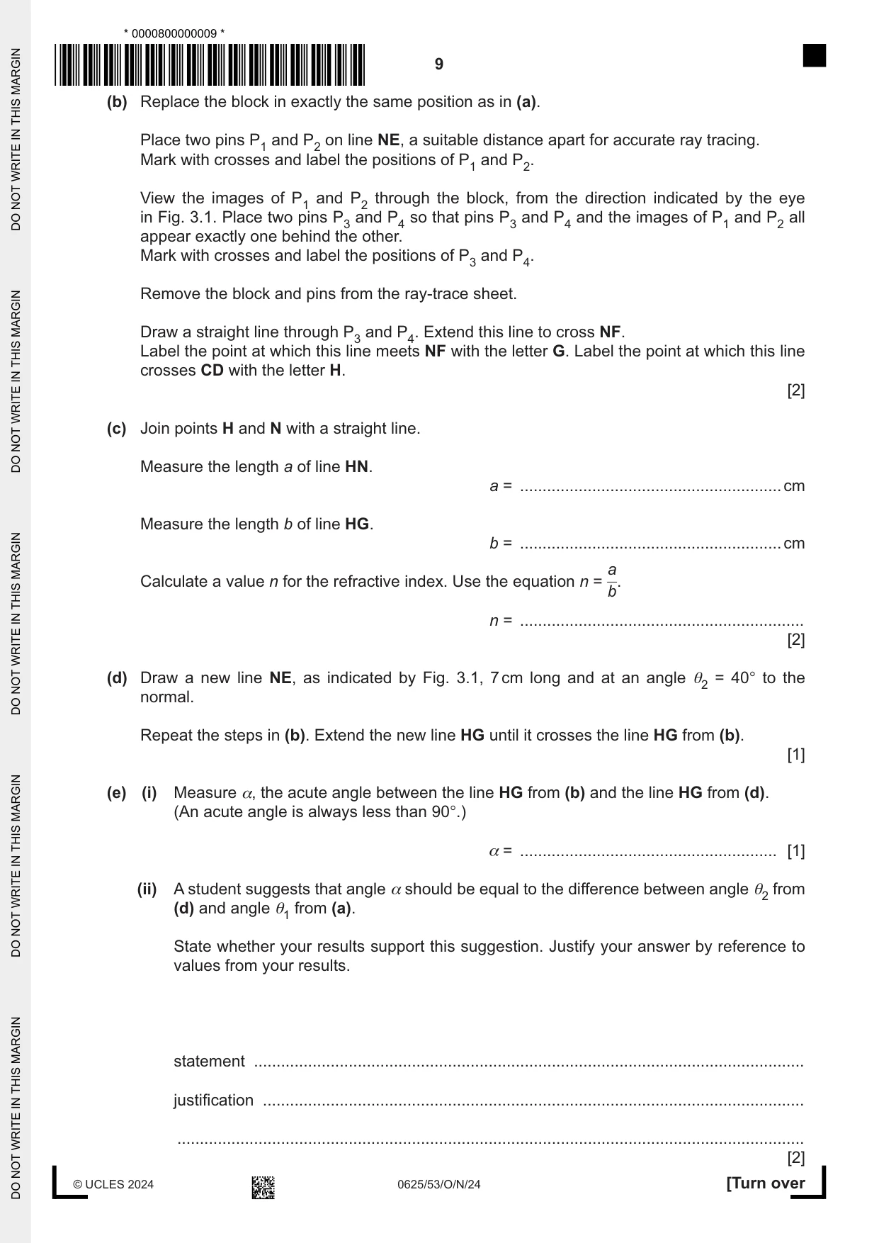 Cambridge IGCSE Physics 0625 2024 Oct/Nov Paper 5 · Variant 3 question paper, page 9 of 12