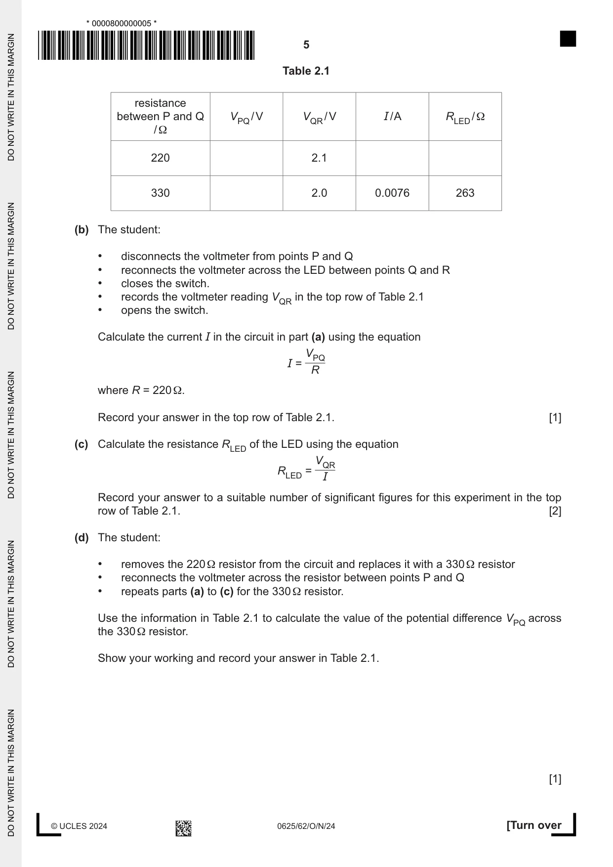Cambridge IGCSE Physics 0625 2024 Oct/Nov Paper 6 · Variant 2 question paper, page 5 of 12