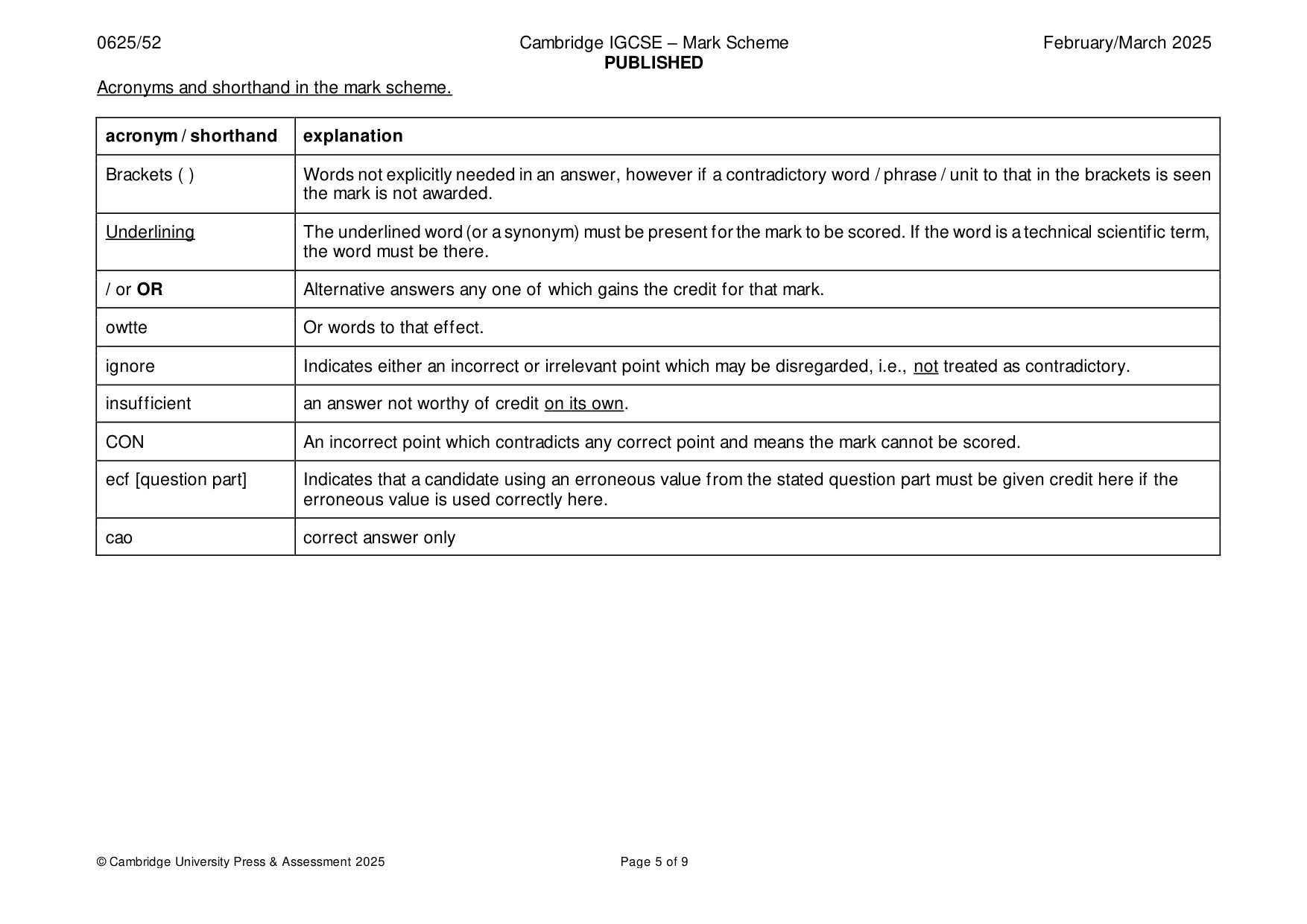 Mark scheme, page 5 of 9