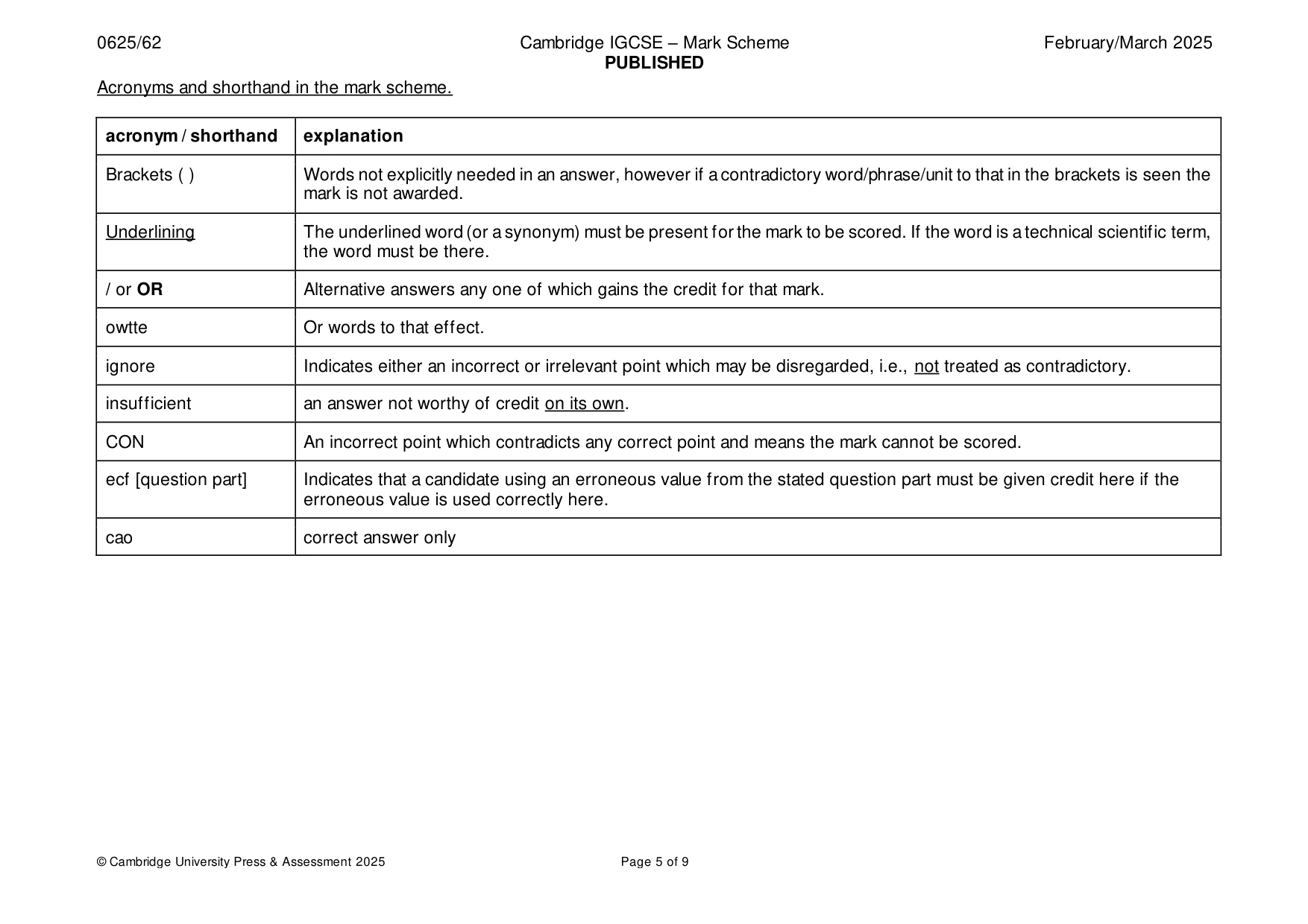 Mark scheme, page 5 of 9