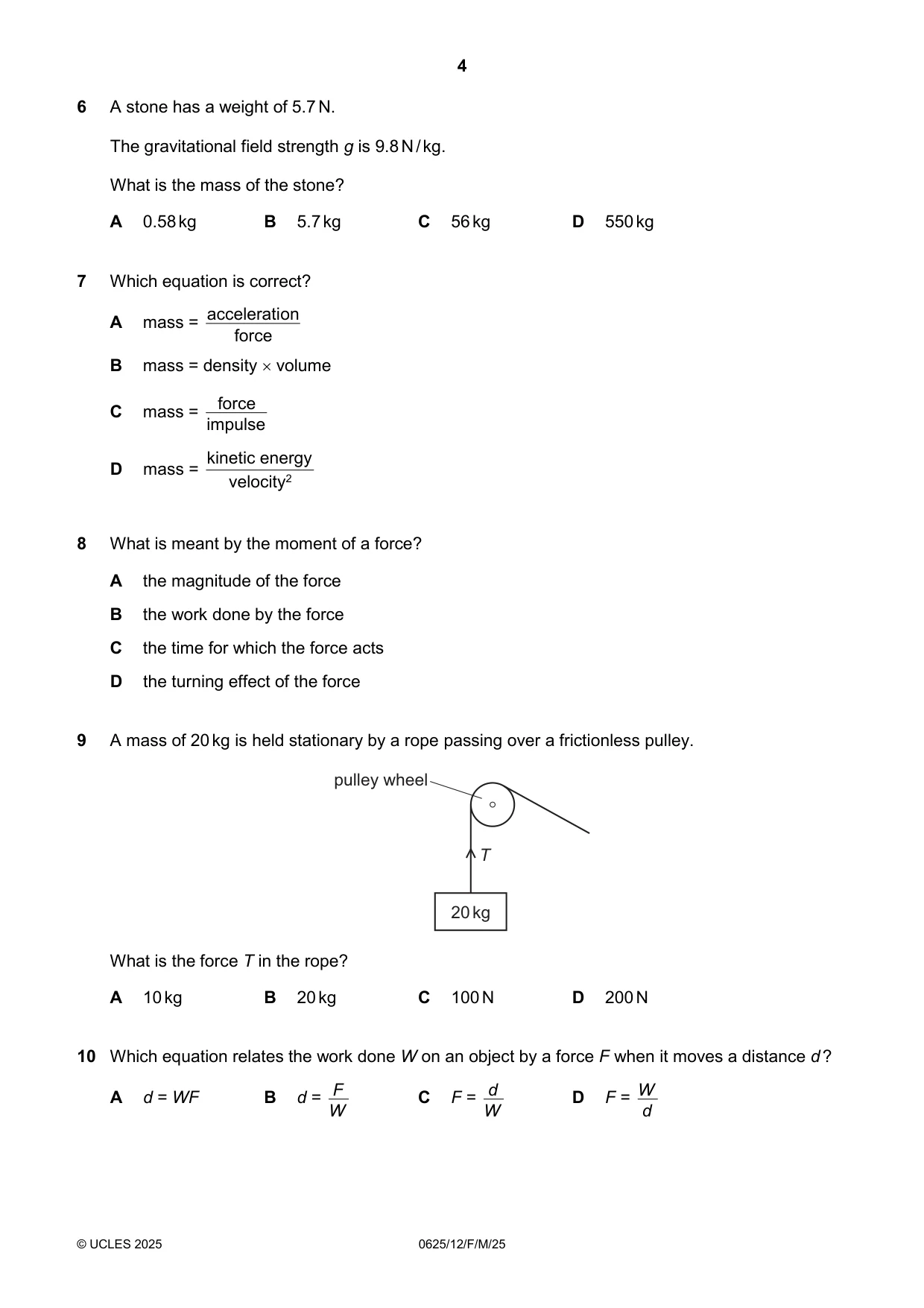 Cambridge IGCSE Physics 0625 2025 Feb/March Paper 1 · Variant 2 question paper, page 4 of 16