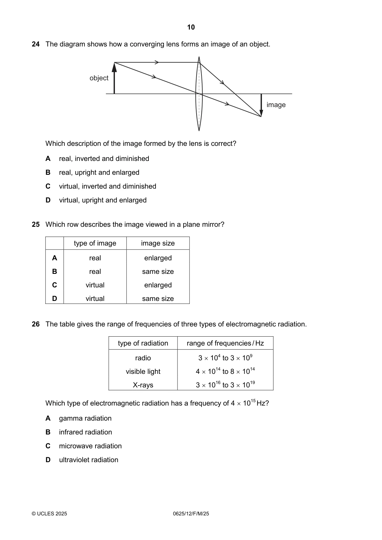 Cambridge IGCSE Physics 0625 2025 Feb/March Paper 1 · Variant 2 question paper, page 10 of 16