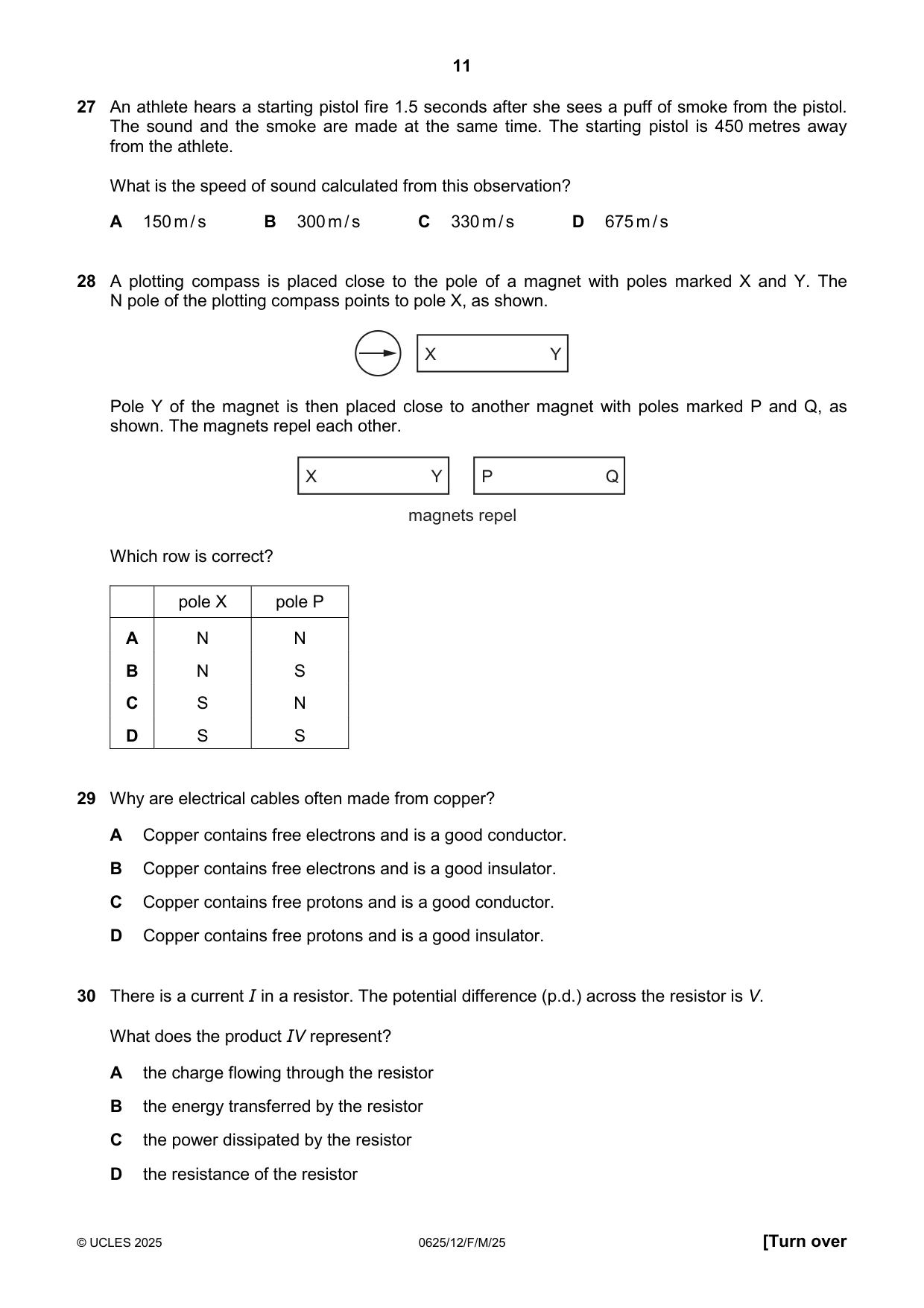 Cambridge IGCSE Physics 0625 2025 Feb/March Paper 1 · Variant 2 question paper, page 11 of 16