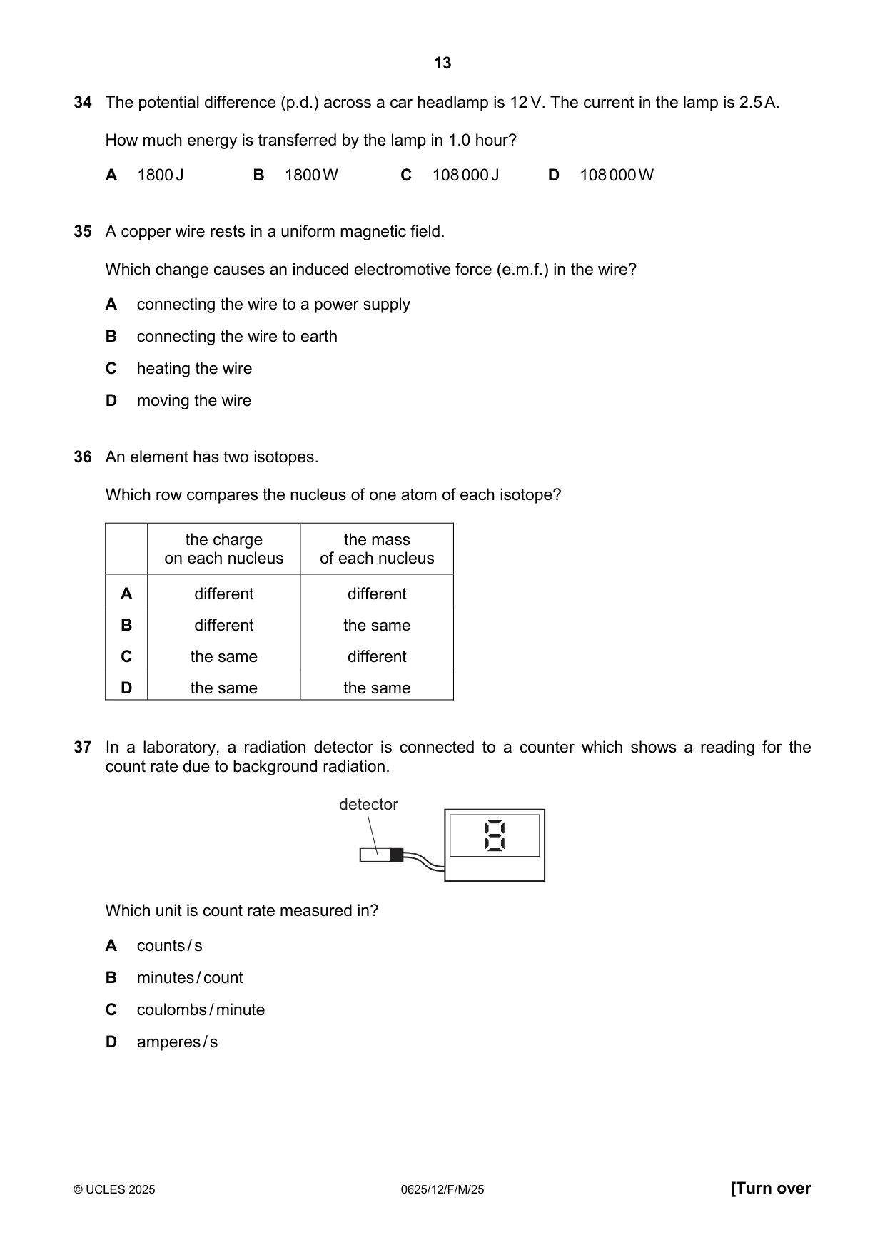 Cambridge IGCSE Physics 0625 2025 Feb/March Paper 1 · Variant 2 question paper, page 13 of 16