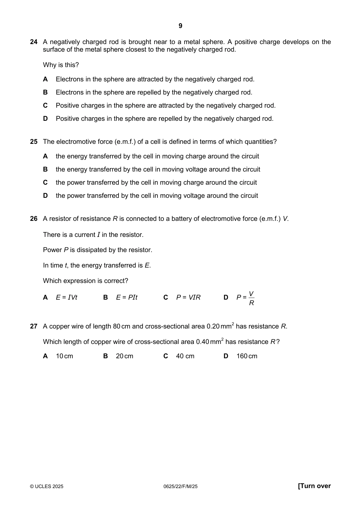 Cambridge IGCSE Physics 0625 2025 Feb/March Paper 2 · Variant 2 question paper, page 9 of 16