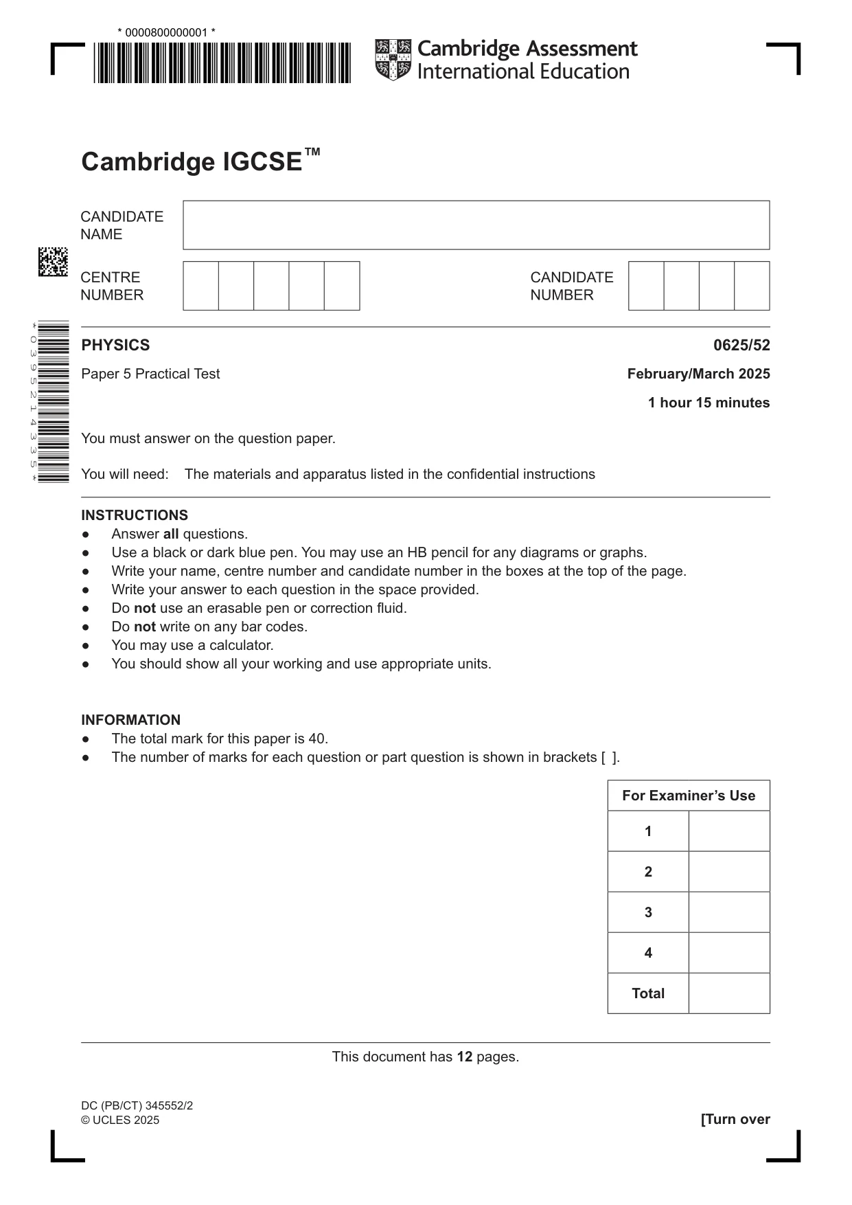 Cambridge IGCSE Physics 0625 2025 Feb/March Paper 5 · Variant 2 question paper, page 1 of 12