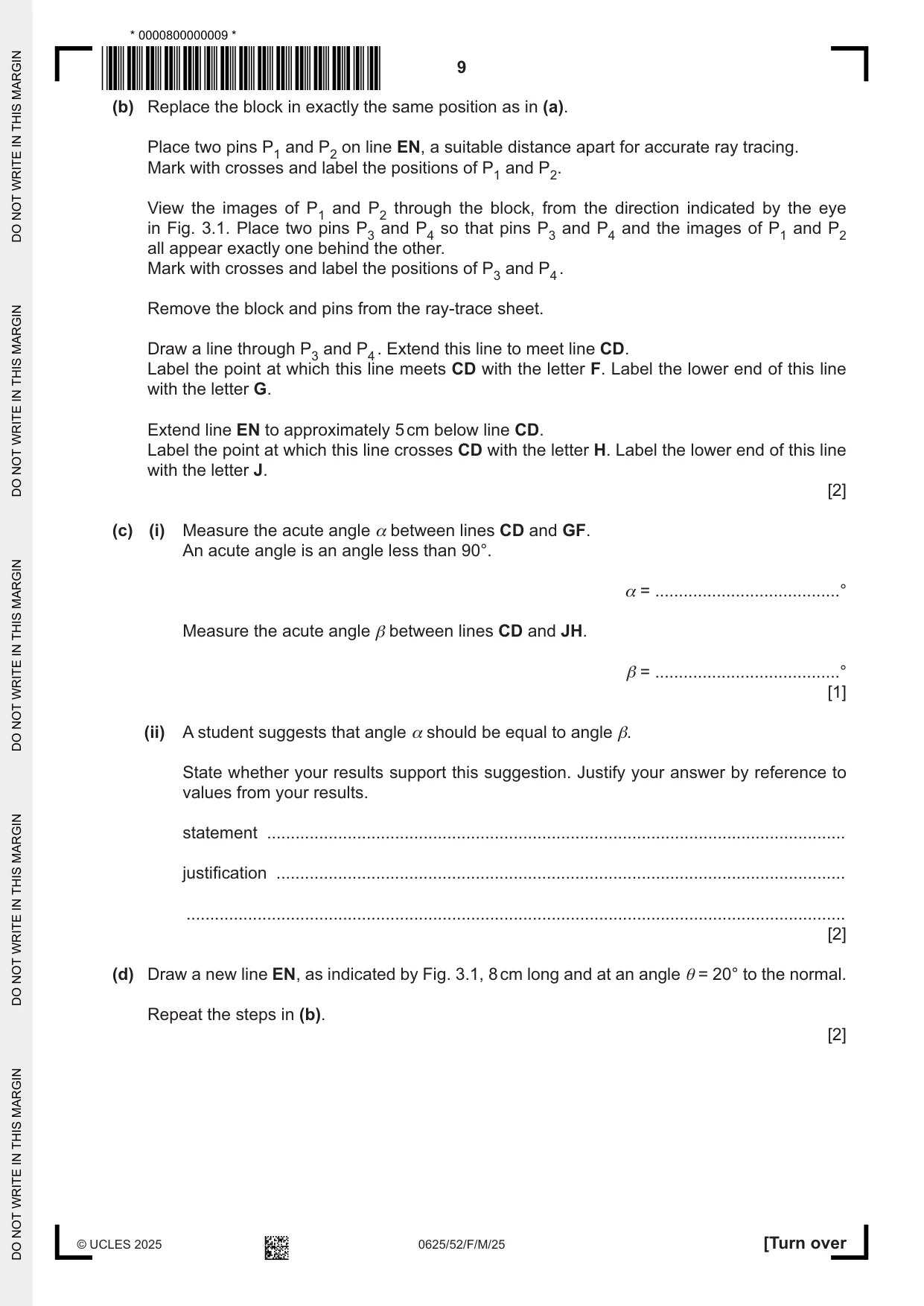 Cambridge IGCSE Physics 0625 2025 Feb/March Paper 5 · Variant 2 question paper, page 9 of 12