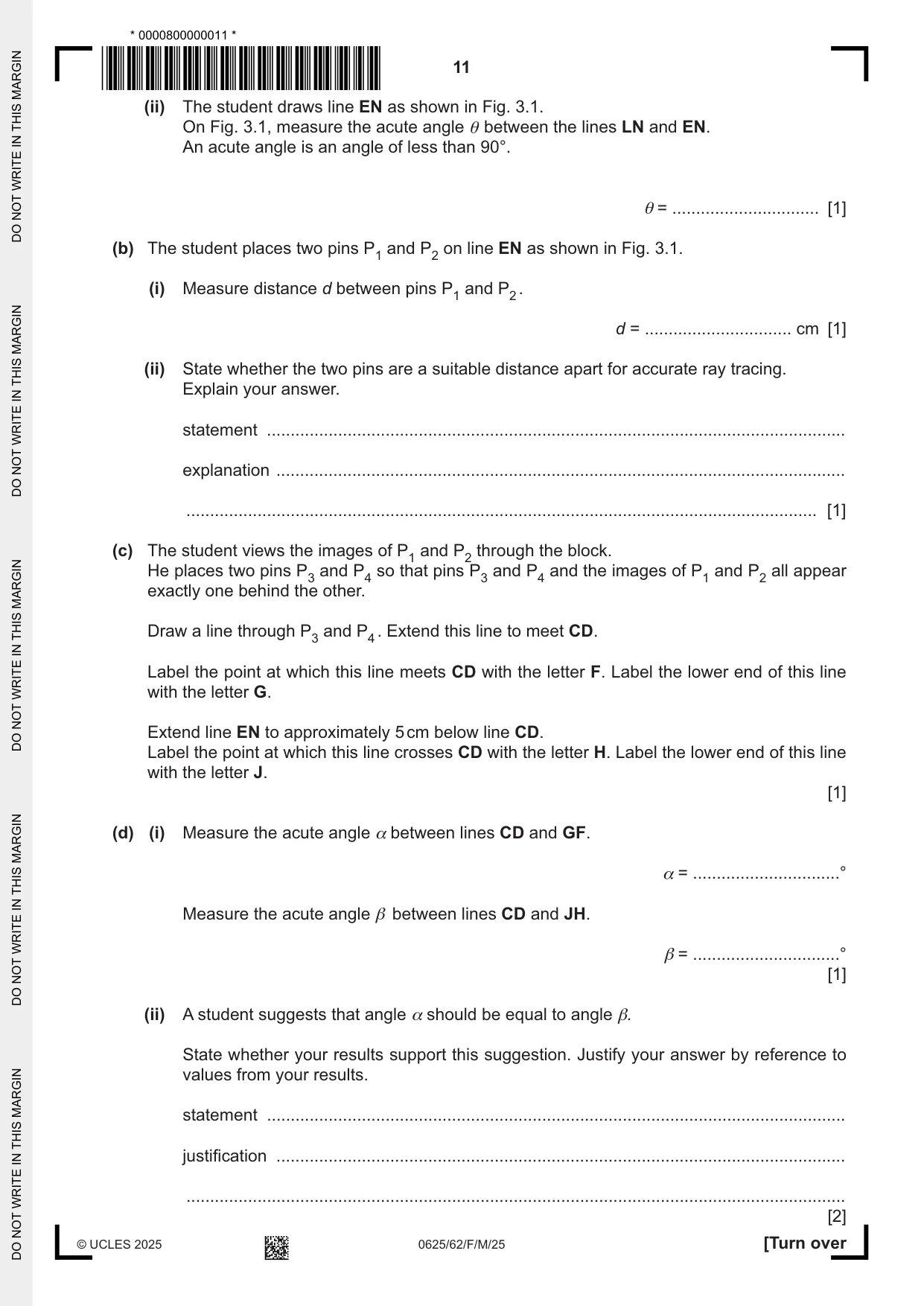Cambridge IGCSE Physics 0625 2025 Feb/March Paper 6 · Variant 2 question paper, page 11 of 16