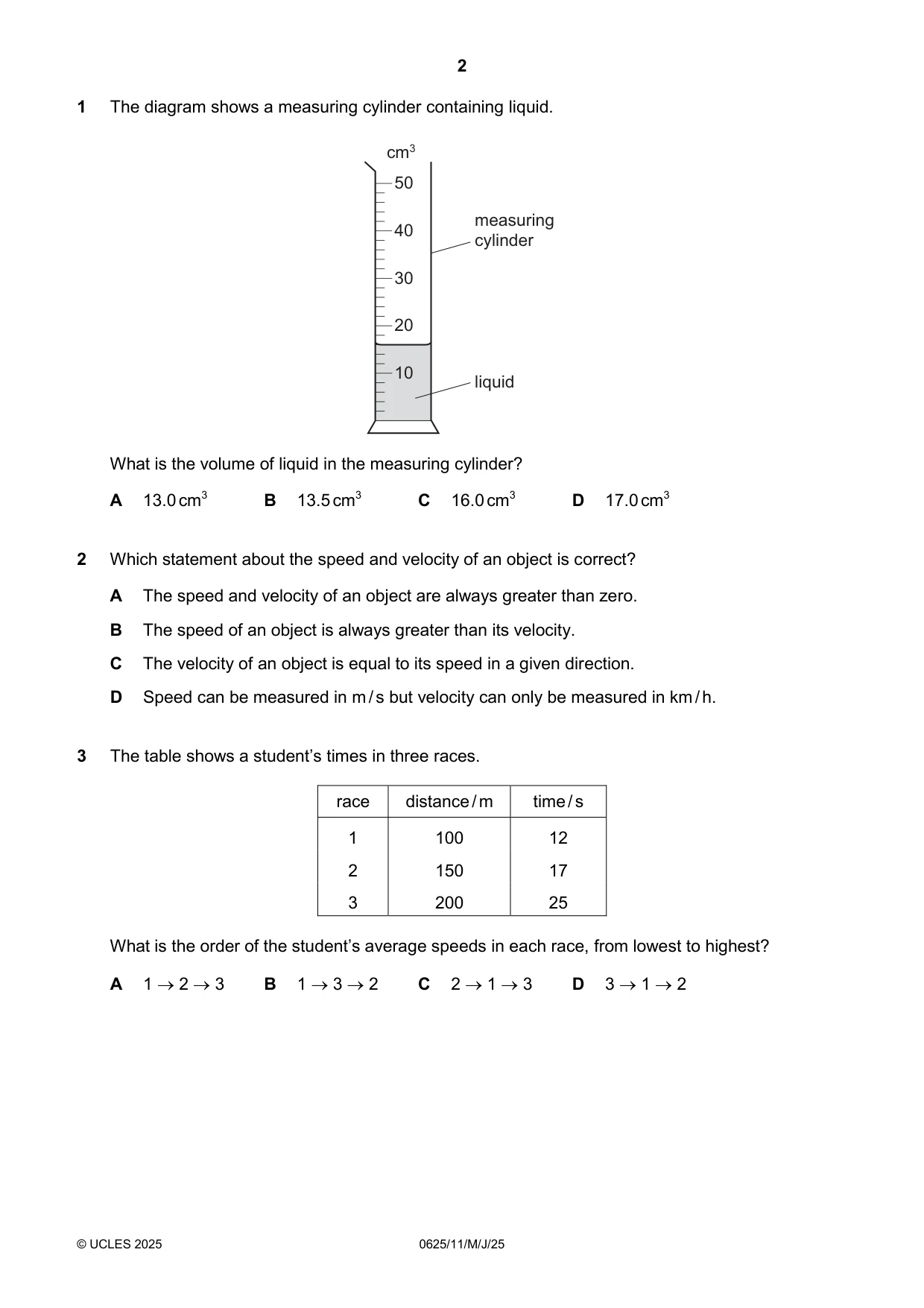 Cambridge IGCSE Physics 0625 2025 May/June Paper 1 · Variant 1 question paper, page 2 of 16