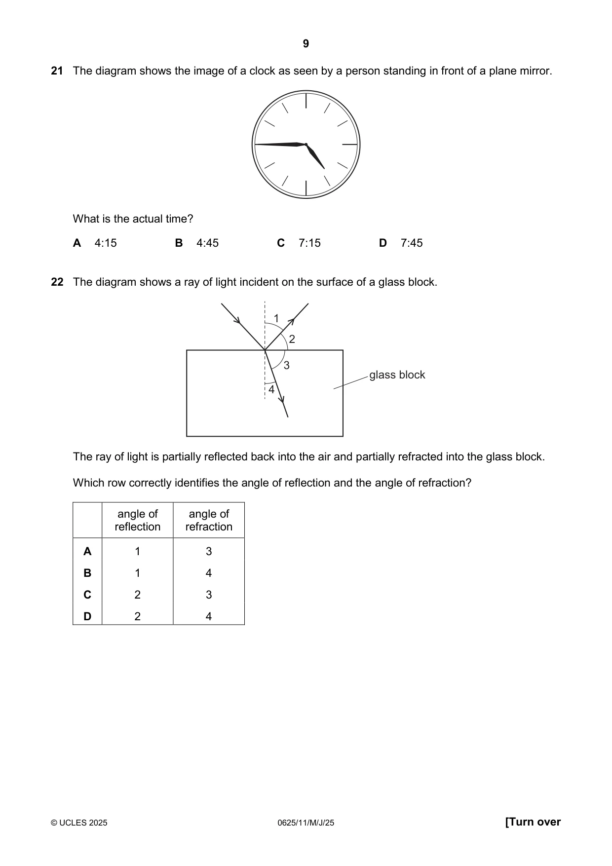 Cambridge IGCSE Physics 0625 2025 May/June Paper 1 · Variant 1 question paper, page 9 of 16