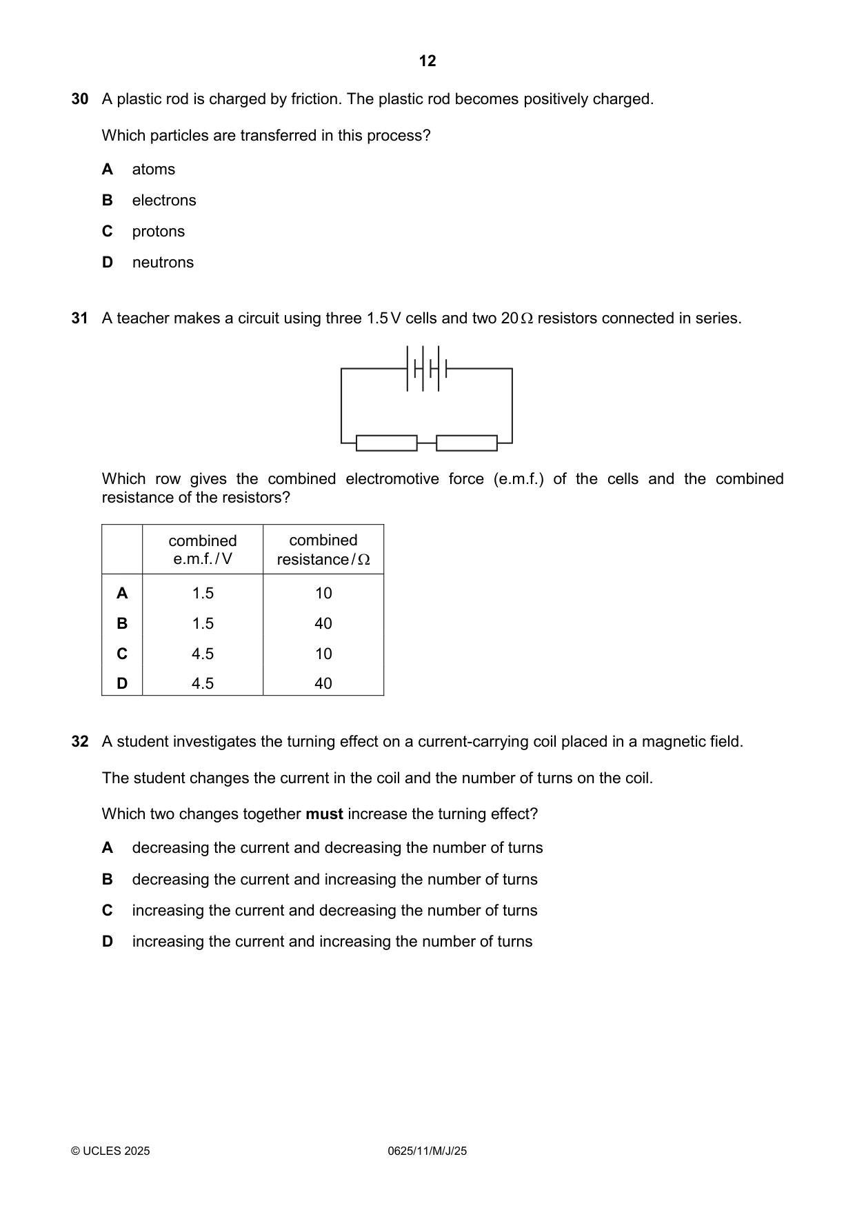 Cambridge IGCSE Physics 0625 2025 May/June Paper 1 · Variant 1 question paper, page 12 of 16