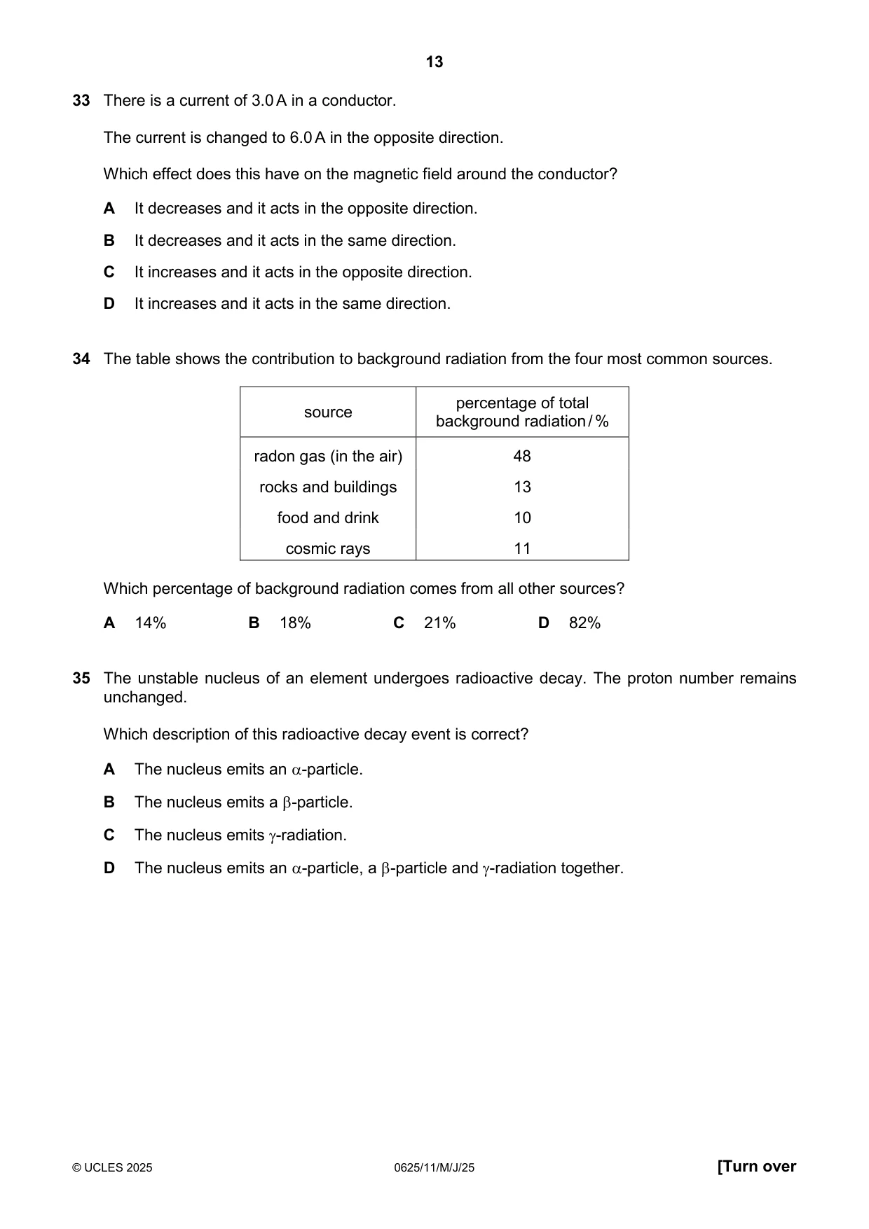 Cambridge IGCSE Physics 0625 2025 May/June Paper 1 · Variant 1 question paper, page 13 of 16