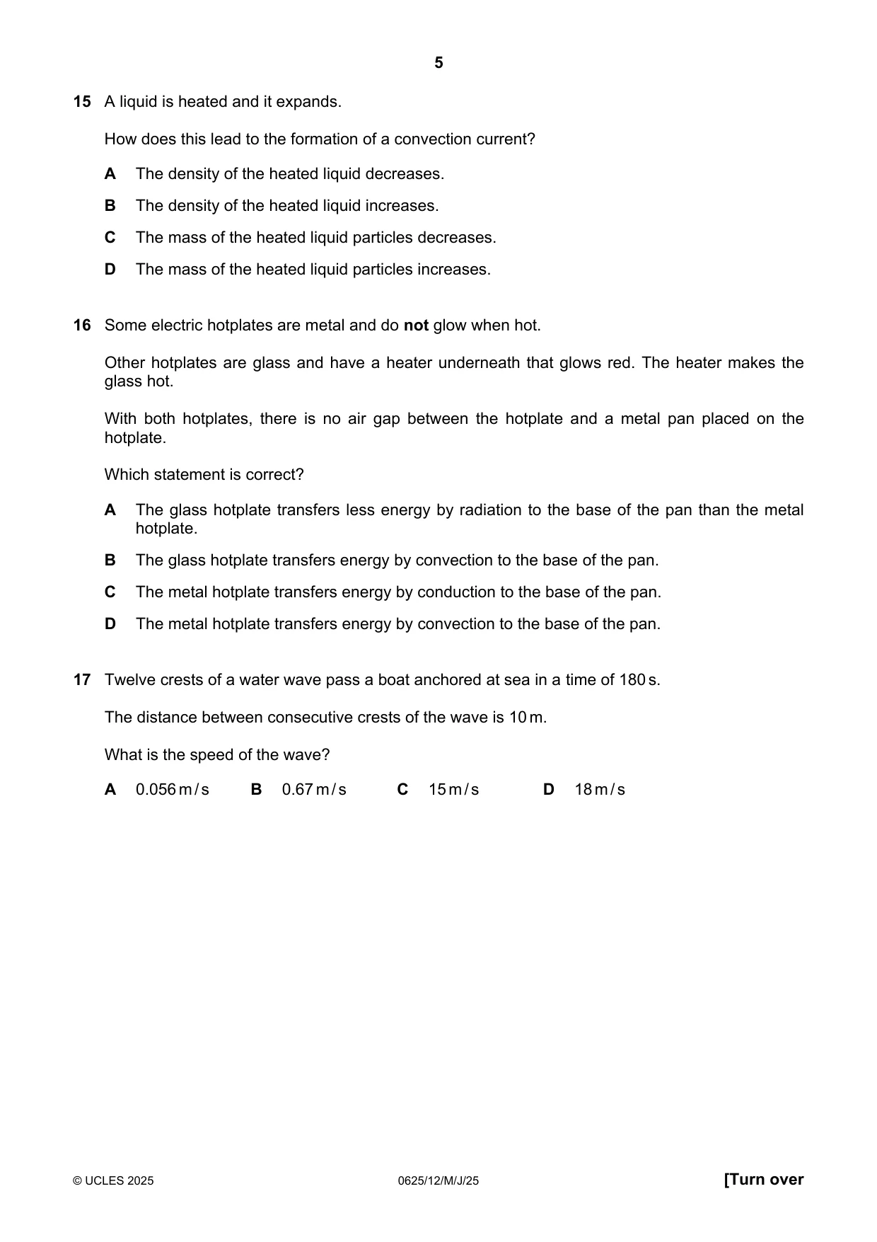Cambridge IGCSE Physics 0625 2025 May/June Paper 1 · Variant 2 question paper, page 5 of 16
