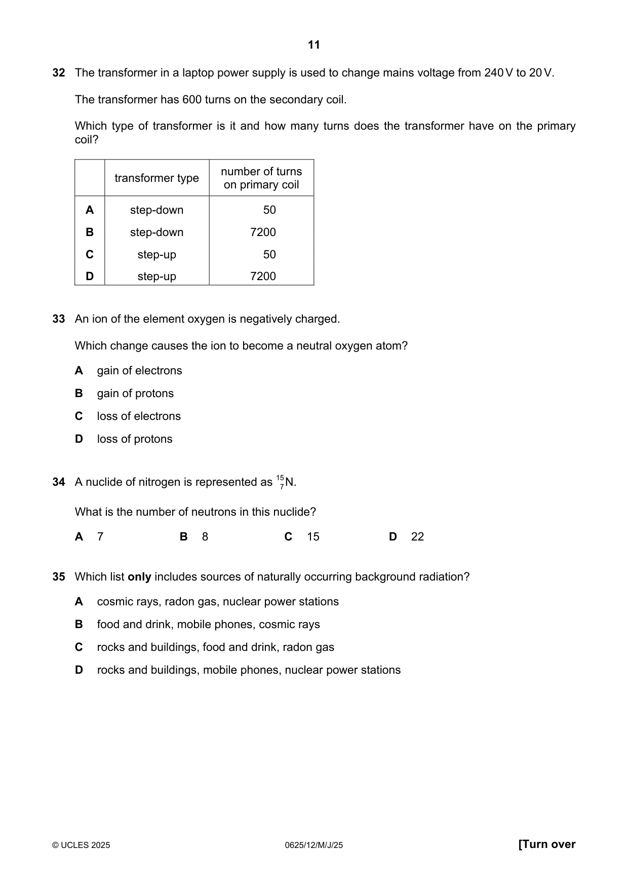 Cambridge IGCSE Physics 0625 2025 May/June Paper 1 · Variant 2 question paper, page 11 of 16