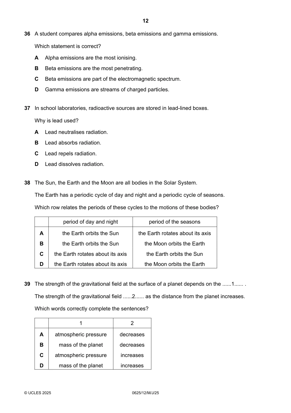 Cambridge IGCSE Physics 0625 2025 May/June Paper 1 · Variant 2 question paper, page 12 of 16