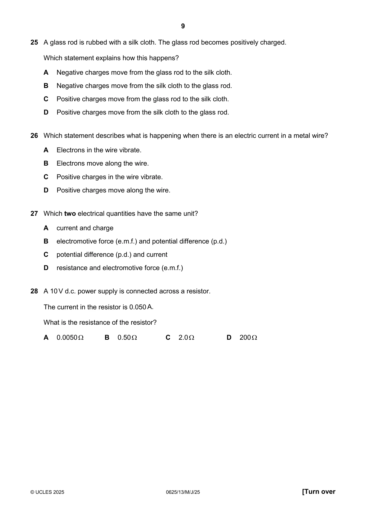 Cambridge IGCSE Physics 0625 2025 May/June Paper 1 · Variant 3 question paper, page 9 of 16