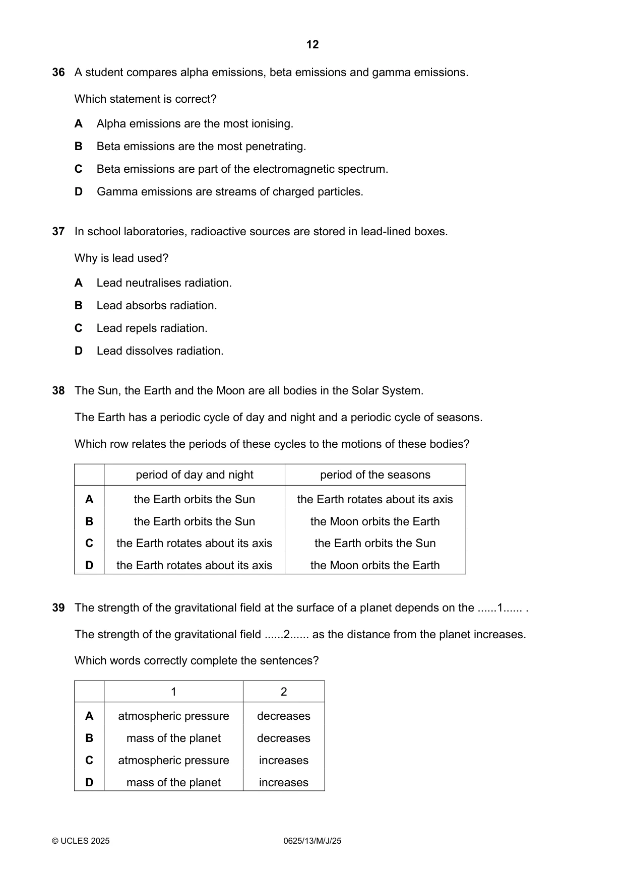 Cambridge IGCSE Physics 0625 2025 May/June Paper 1 · Variant 3 question paper, page 12 of 16