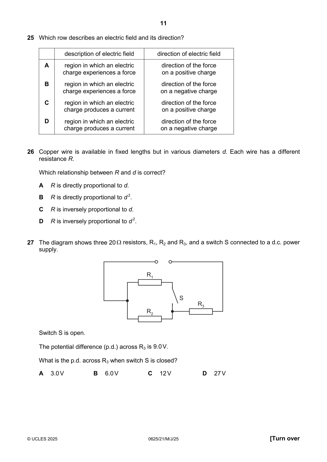 Cambridge IGCSE Physics 0625 2025 May/June Paper 2 · Variant 1 question paper, page 11 of 16