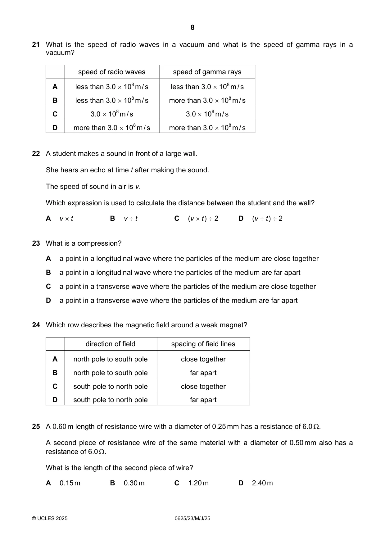 Cambridge IGCSE Physics 0625 2025 May/June Paper 2 · Variant 3 question paper, page 8 of 16