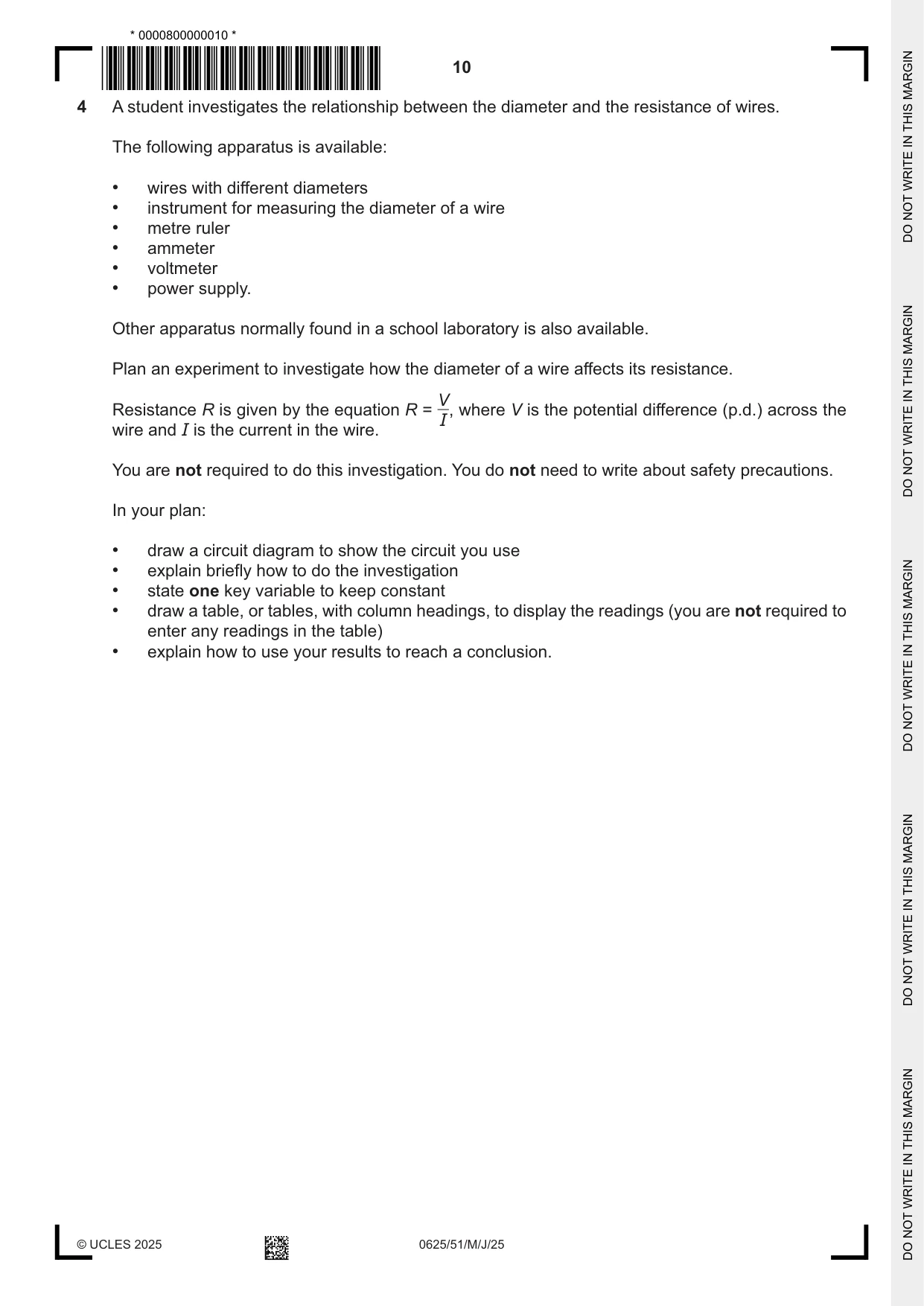 Cambridge IGCSE Physics 0625 2025 May/June Paper 5 · Variant 1 question paper, page 10 of 12