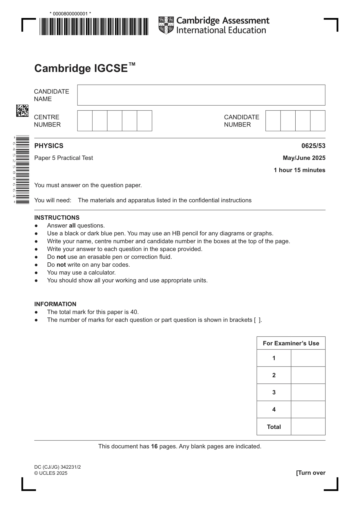 Cambridge IGCSE Physics 0625 2025 May/June Paper 5 · Variant 3 question paper, page 1 of 16