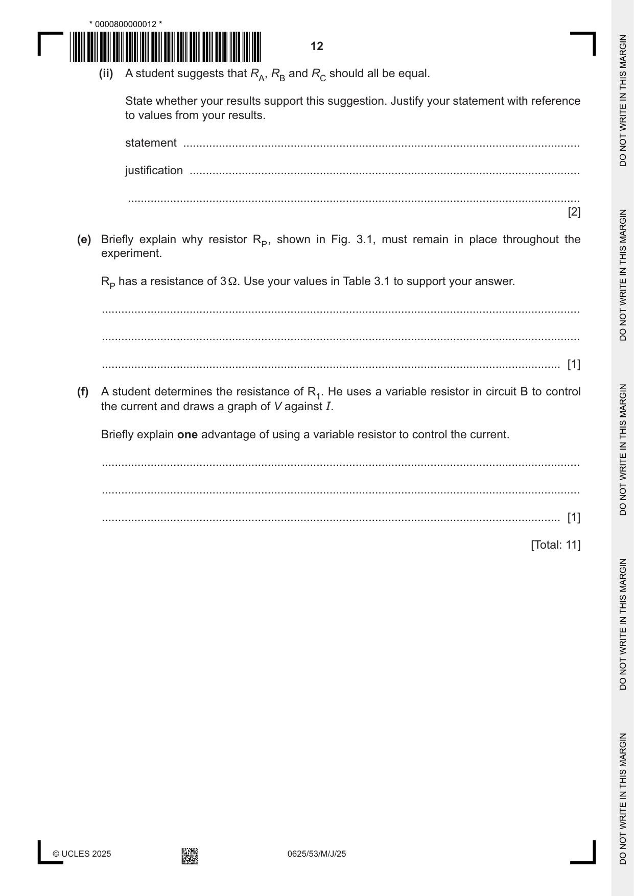 Cambridge IGCSE Physics 0625 2025 May/June Paper 5 · Variant 3 question paper, page 12 of 16