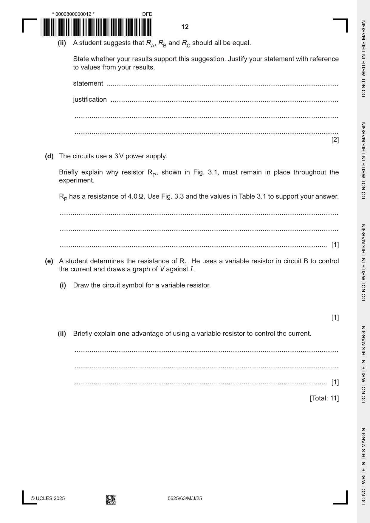 Cambridge IGCSE Physics 0625 2025 May/June Paper 6 · Variant 3 question paper, page 12 of 16