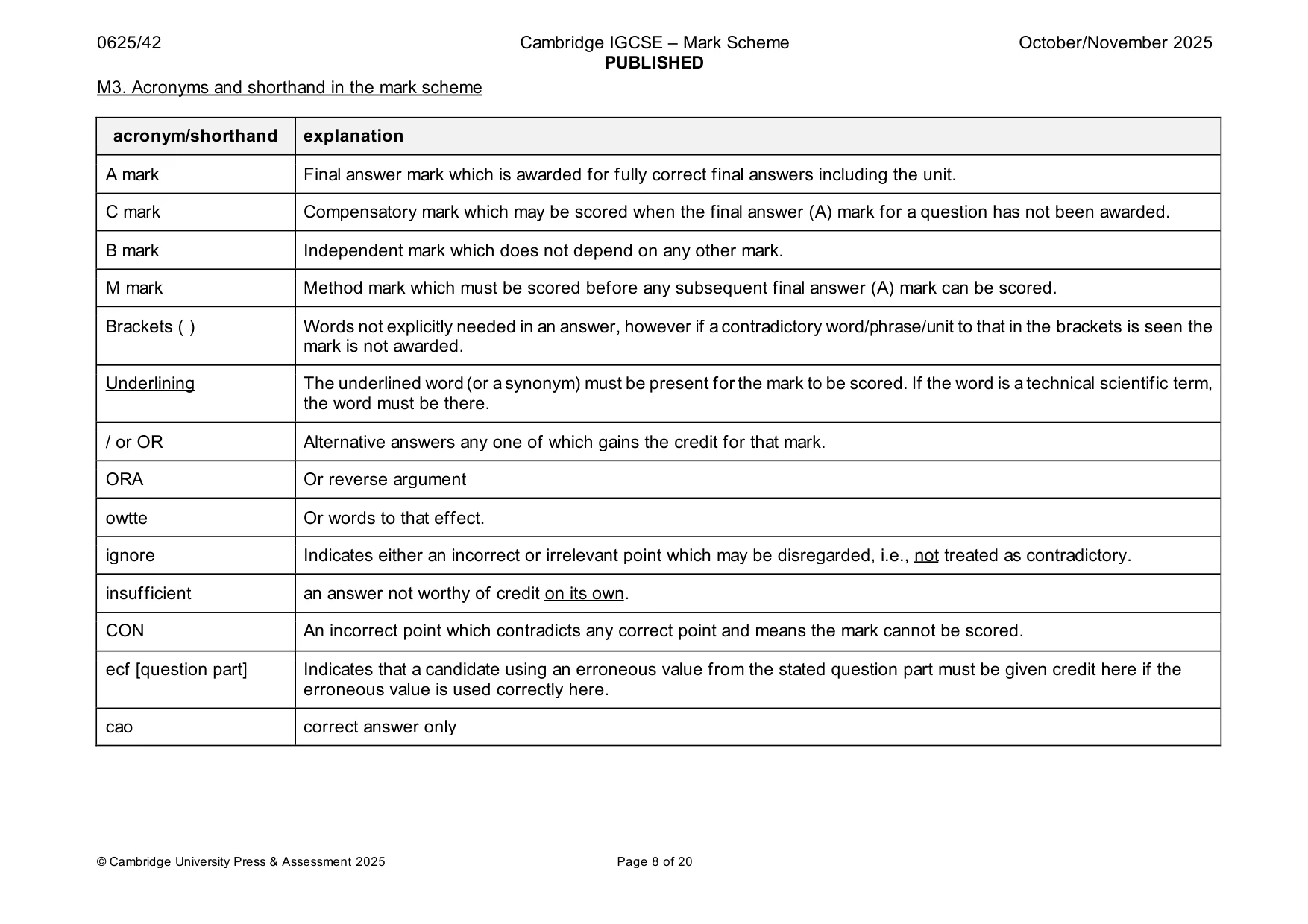 Mark scheme, page 8 of 20