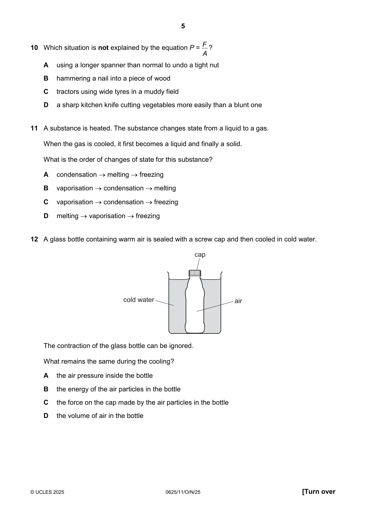 Cambridge IGCSE Physics 0625 2025 Oct/Nov Paper 1 · Variant 1 question paper, page 5 of 16