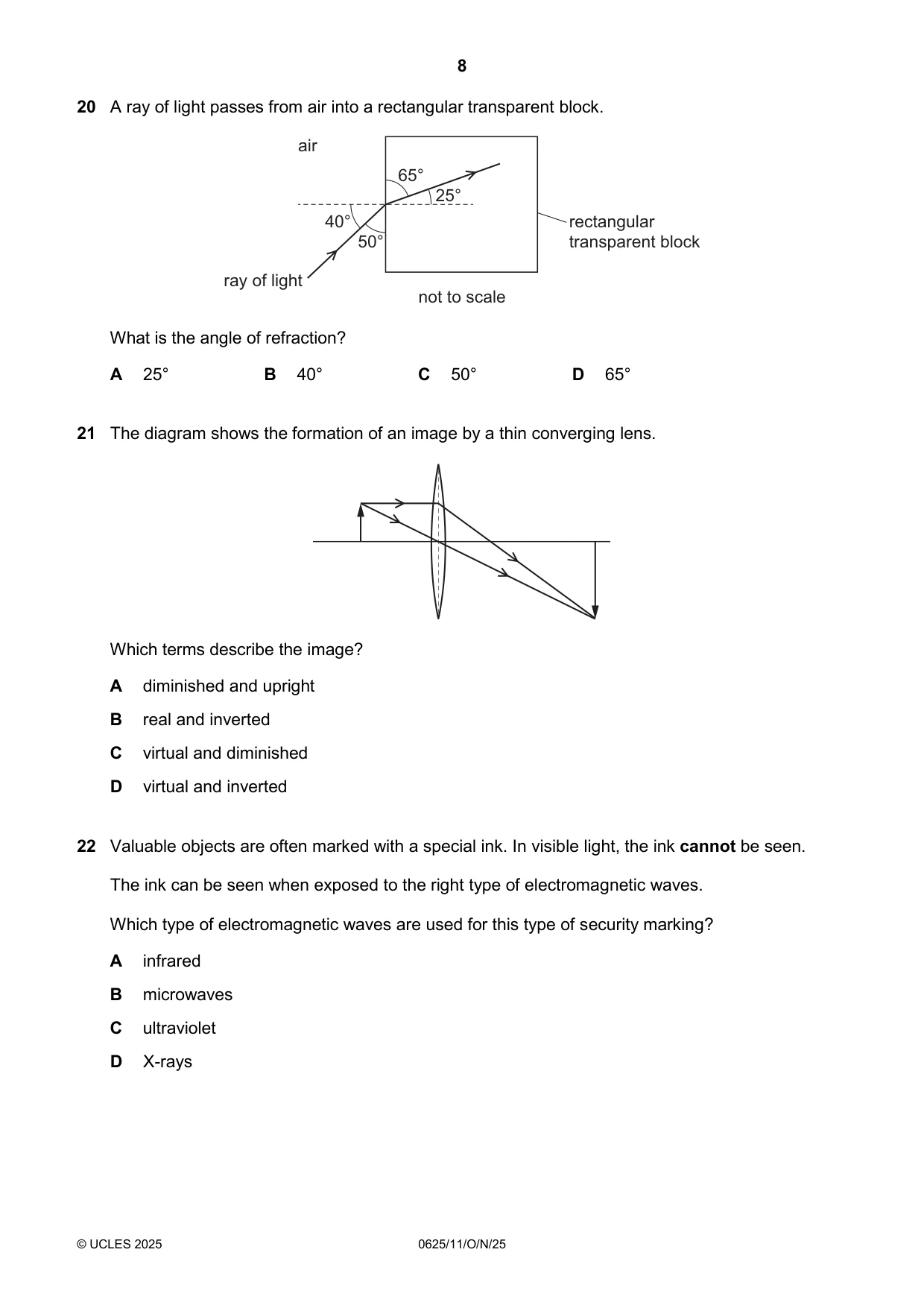 Cambridge IGCSE Physics 0625 2025 Oct/Nov Paper 1 · Variant 1 question paper, page 8 of 16