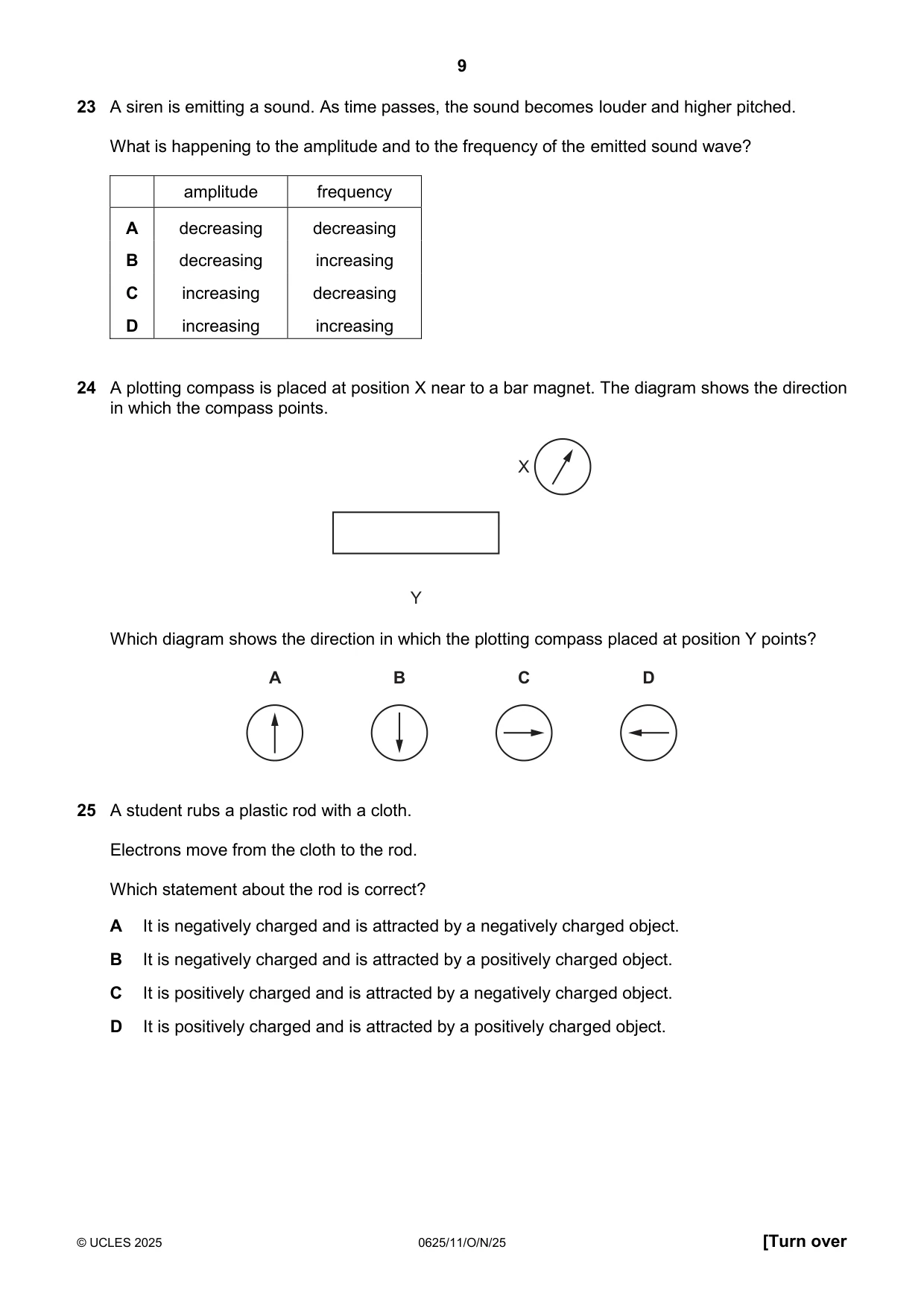 Cambridge IGCSE Physics 0625 2025 Oct/Nov Paper 1 · Variant 1 question paper, page 9 of 16