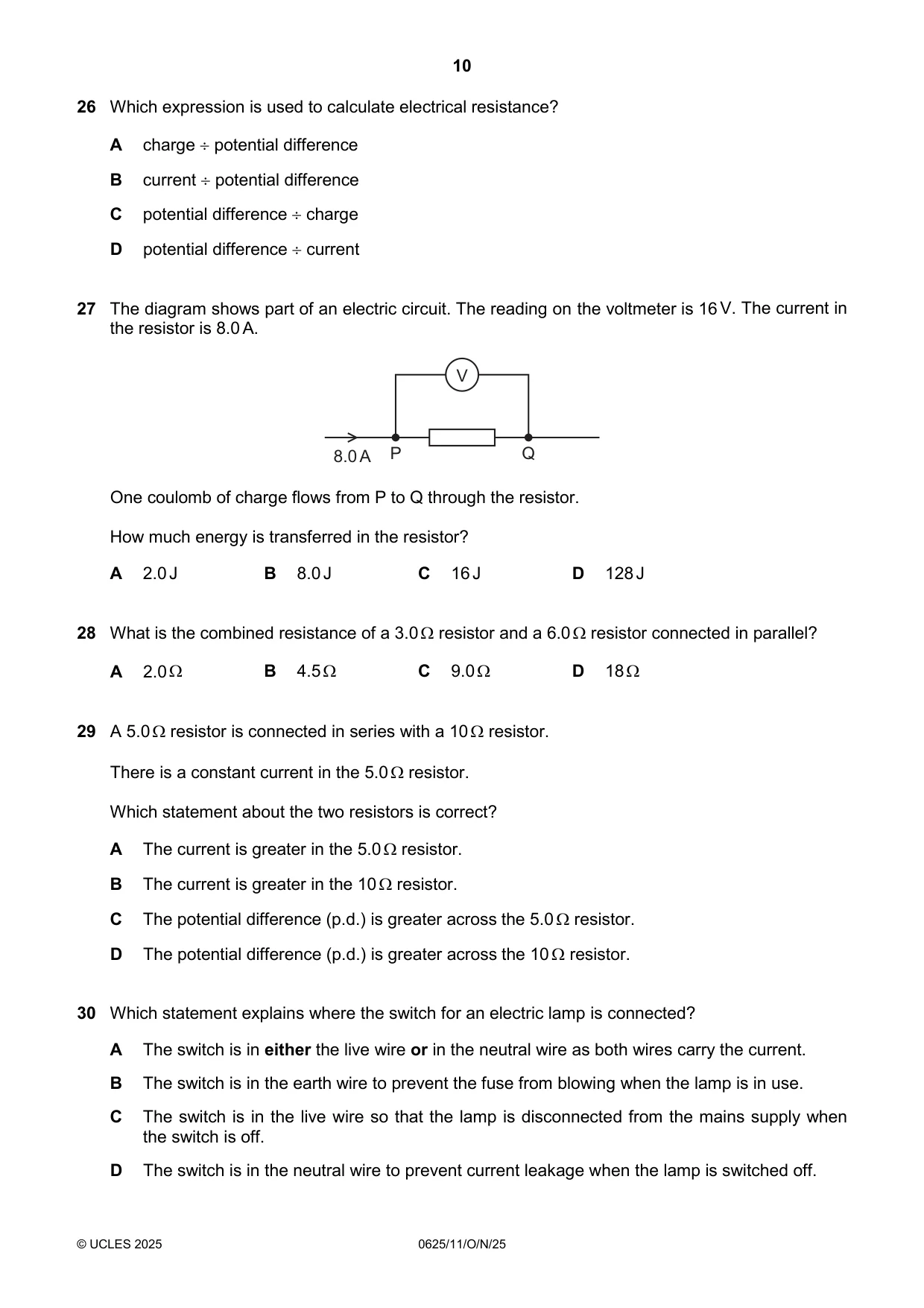 Cambridge IGCSE Physics 0625 2025 Oct/Nov Paper 1 · Variant 1 question paper, page 10 of 16