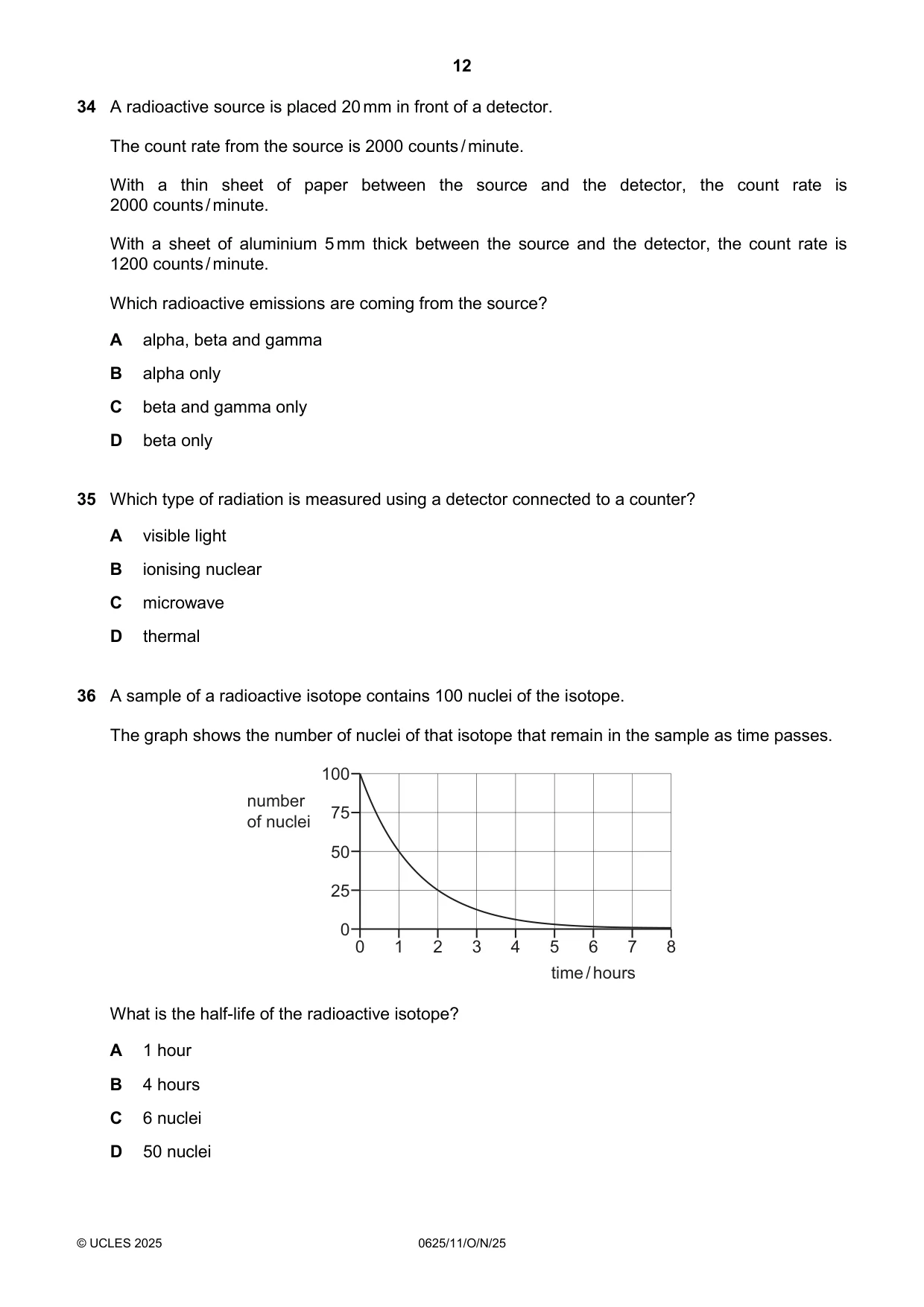 Cambridge IGCSE Physics 0625 2025 Oct/Nov Paper 1 · Variant 1 question paper, page 12 of 16