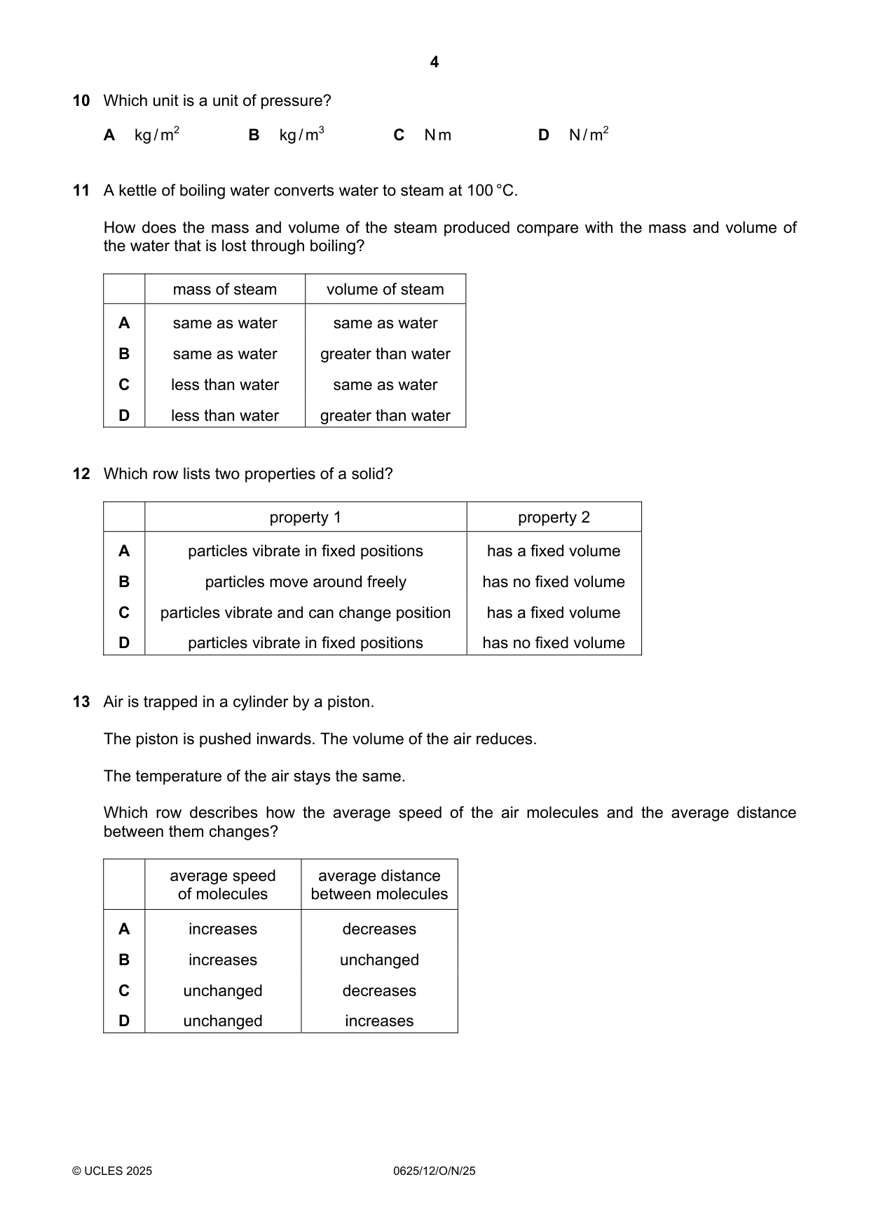 Cambridge IGCSE Physics 0625 2025 Oct/Nov Paper 1 · Variant 2 question paper, page 4 of 16